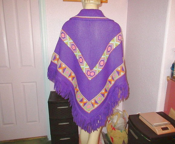 Vtg 70s Crochet Poncho Heavy Knit Sweater Coat Fringe Poms Boho Aztec Southweste