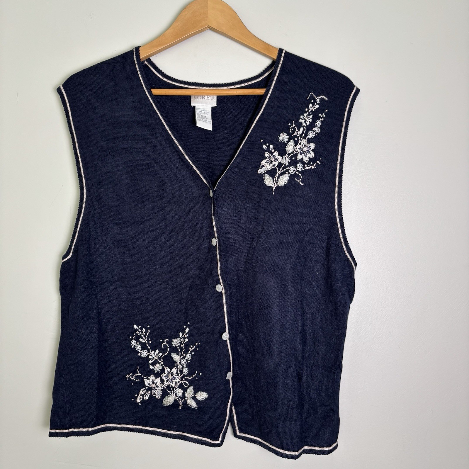 Vintage 90s Koret Womens Navy Blue Floral Embroidered Sweater Vest-Large-Cottage