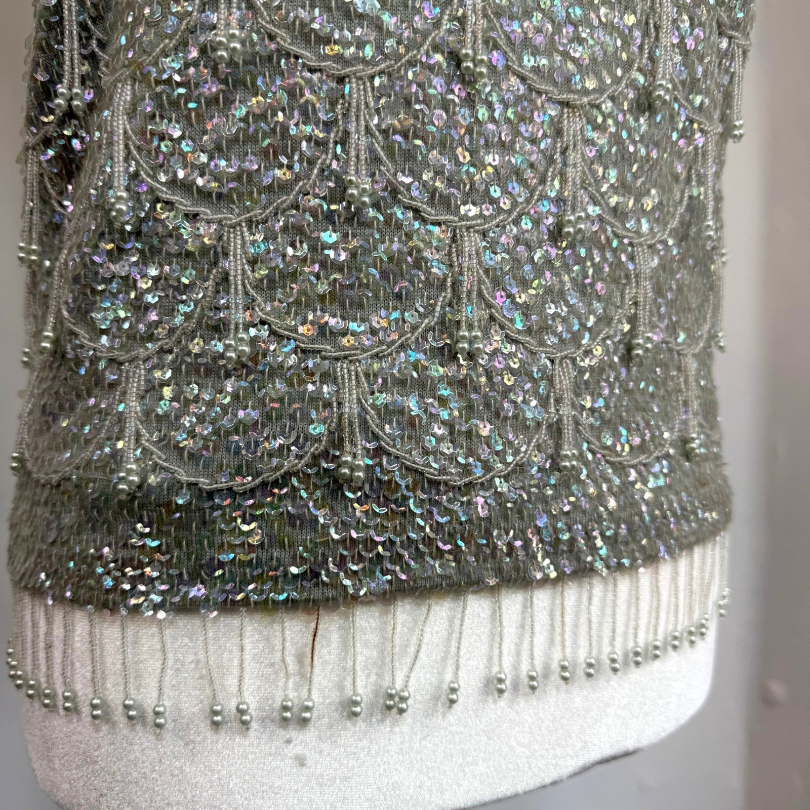Vintage Beaded Sequin Evening Top Mermaidcore Gatsby Fairy 100% Wool Hong Kong S
