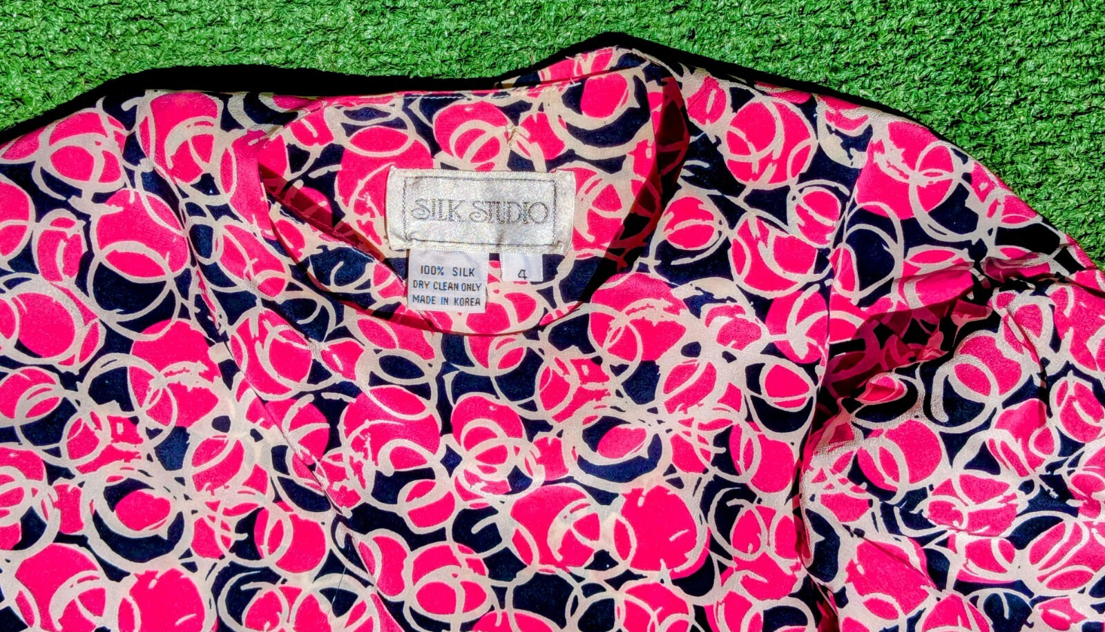 Vintage Silk Studio Button-Down Sz4 2-Pc Pink Circles L/S Top & Skirt Dress EUC