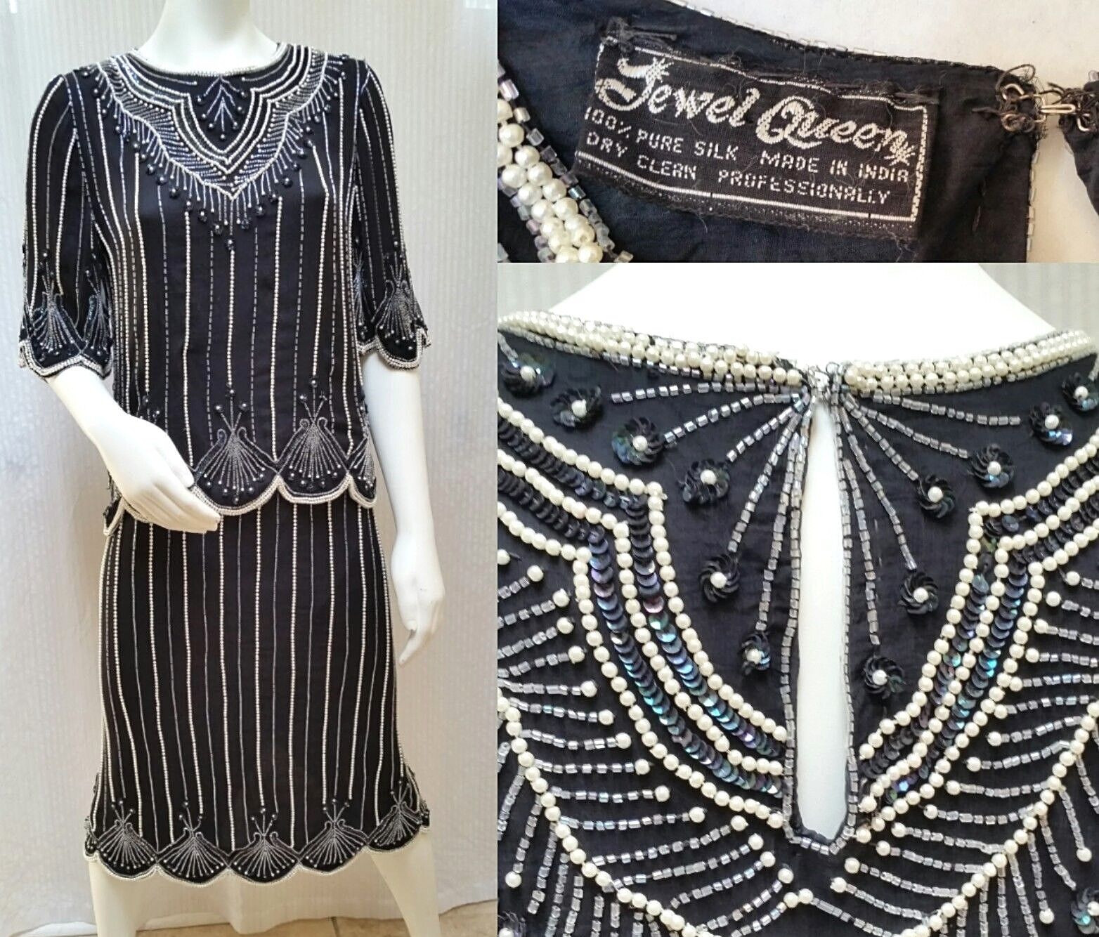 Vintage 2 Piece Jewel Queen 100% Silk Beaded Black Top & Matching Skirt – M/L