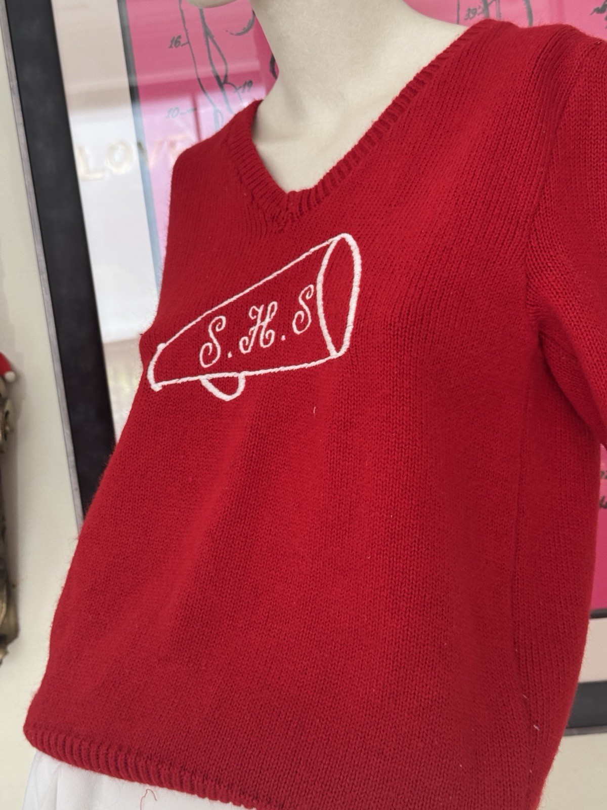 Vintage Cheerleading Sweater-1980s-Varsity-Red-Cheer-Team-coquette-Small/Medium