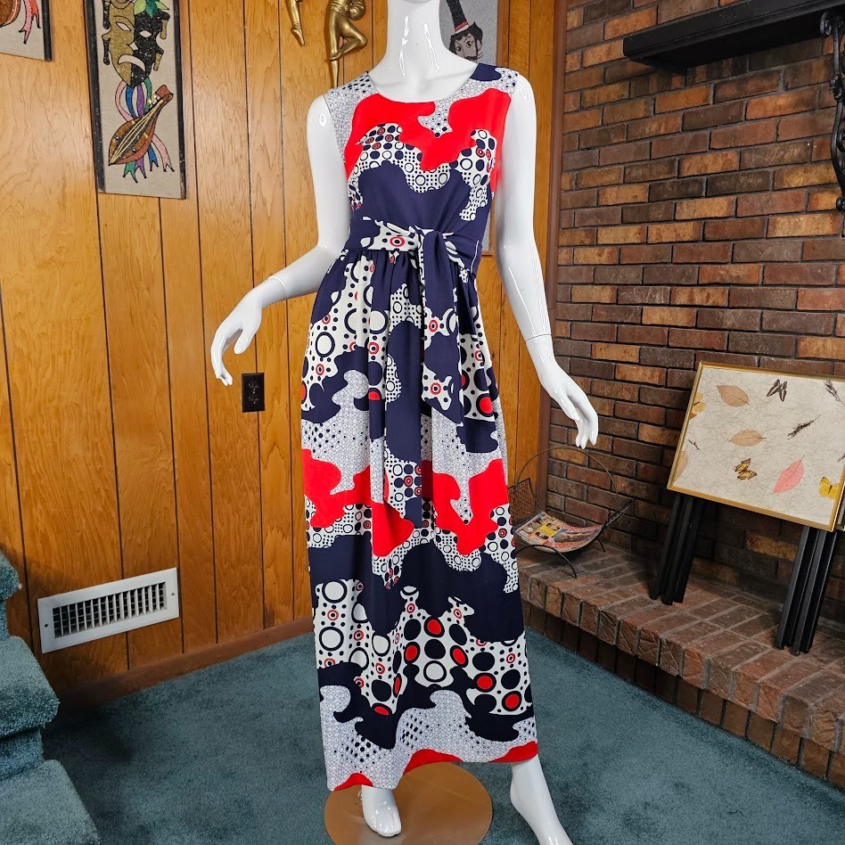 Vtg 60s Mod Bullseye Pop Art British Invasion RWB Belted Maxi Party Dress S/M