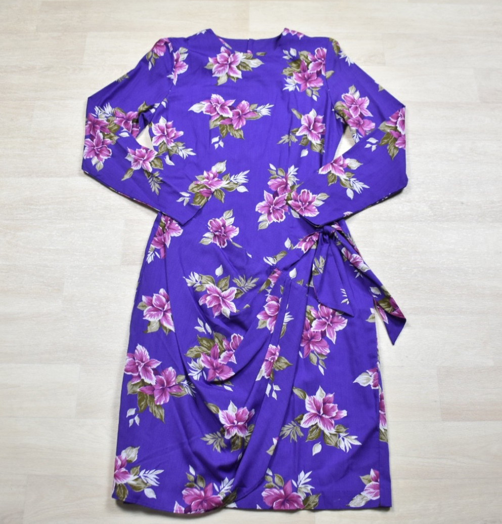 90s Stephan Hawaiian Tropical Print Midi Dress Rayon Beach Purple Floral 10 VTG