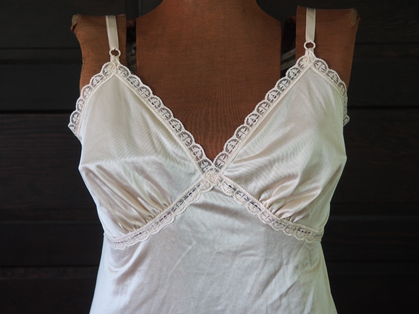 VTG 60s 70s Sears Cappuccino Plunge Neck Satin Lingerie Midi Slip Dress Sz 38