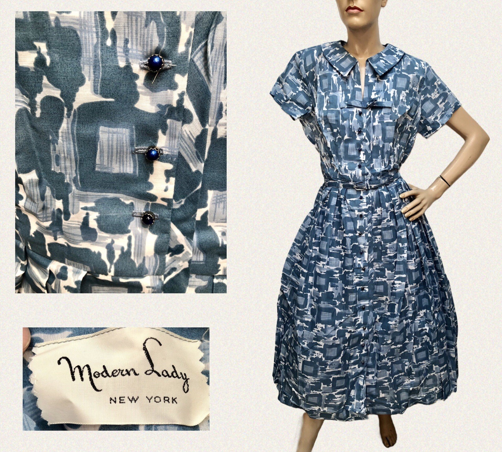 VTG 1950s 60s MID-CENTURY HOUSEWIFE Abstract Print DEADSTOCK Shirtwaist Dress