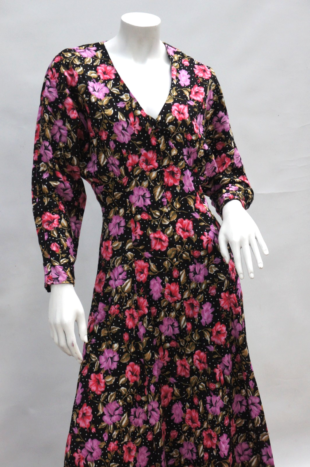Vintage 80s Floral Print Black Midi Dress By Roberta Boho Retro Cottagecore