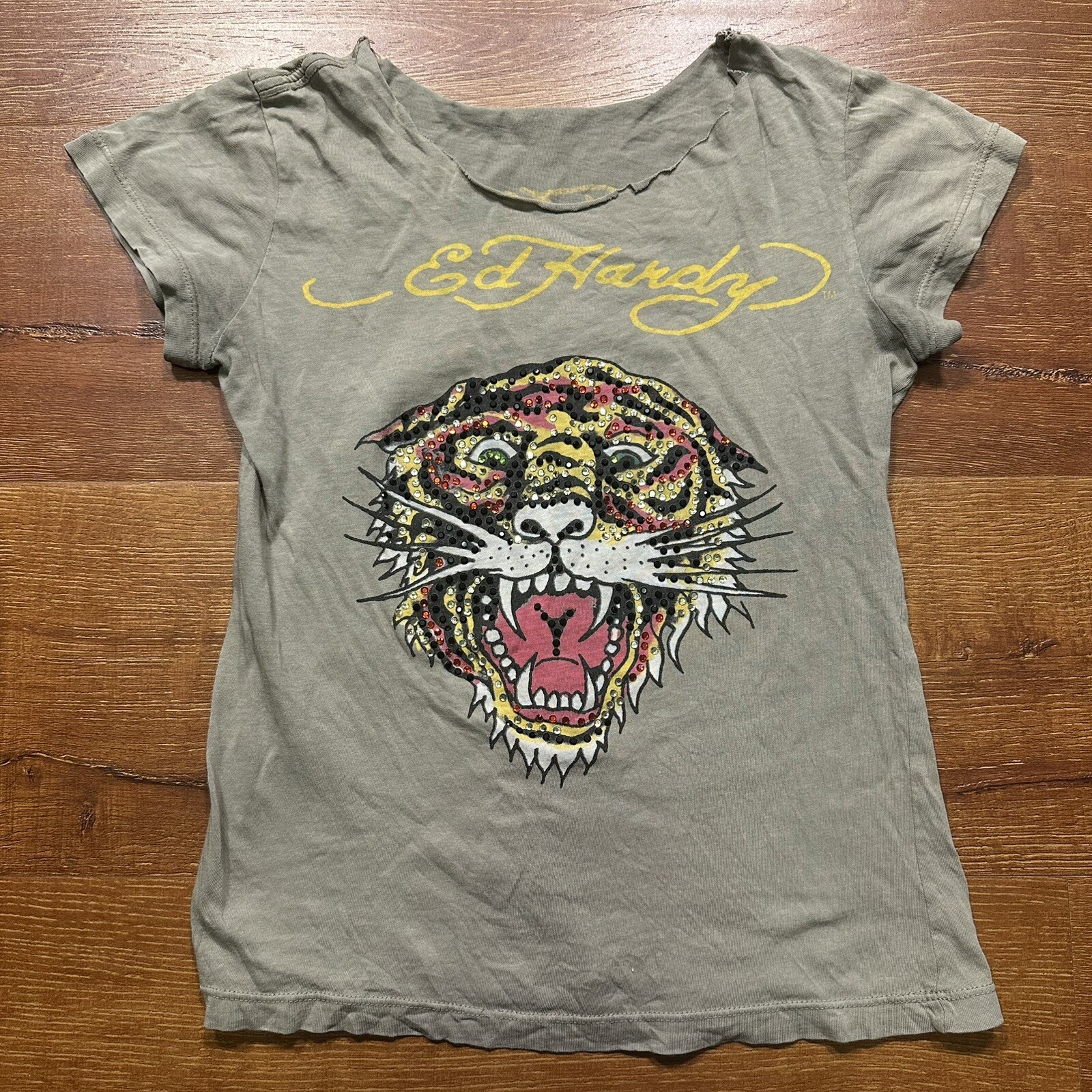 Vintage Ed Hardy Christian Audigier T Shirt S Gray Tiger Baby Tee VTG Y2K City