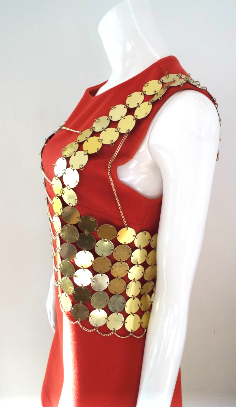 Vintage 1960s Gold Tone Metal Disc Chain Mail Vest Top & Skirt Dress Paillette