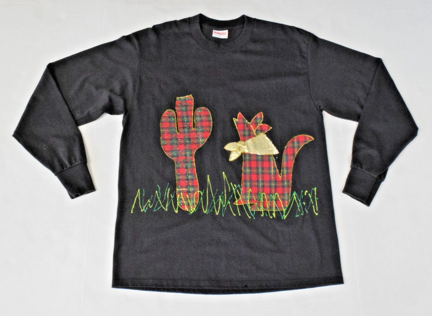 VTG T-Shirt Sunbelt LS Size L 90s Plaid Cactus Coyote Patch Puff Paint Made USA