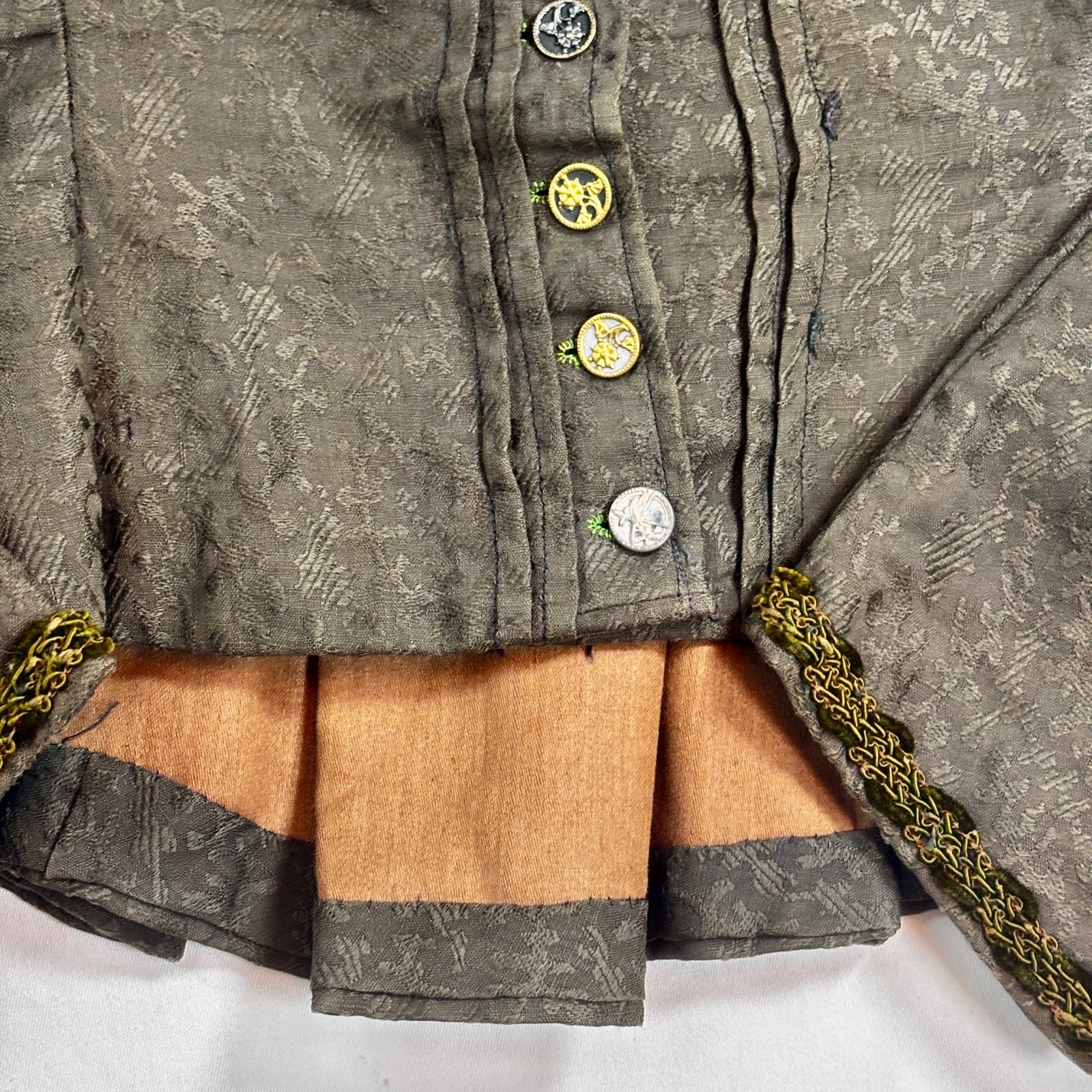 Antique Edwardian Moss Green Jacquard Wool Jacket Blouse Lace Floral Buttons