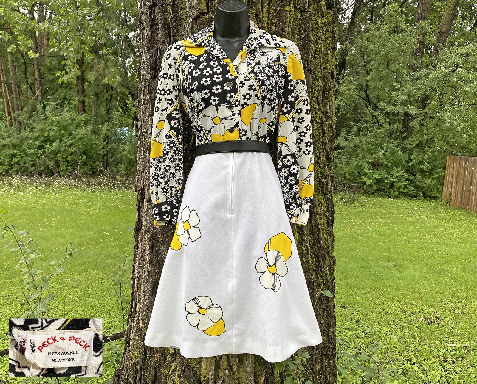 Vtg 60s 70s Flower Power Peck & Peck Fifth Ave New York Poly Shirt Dress VGC S