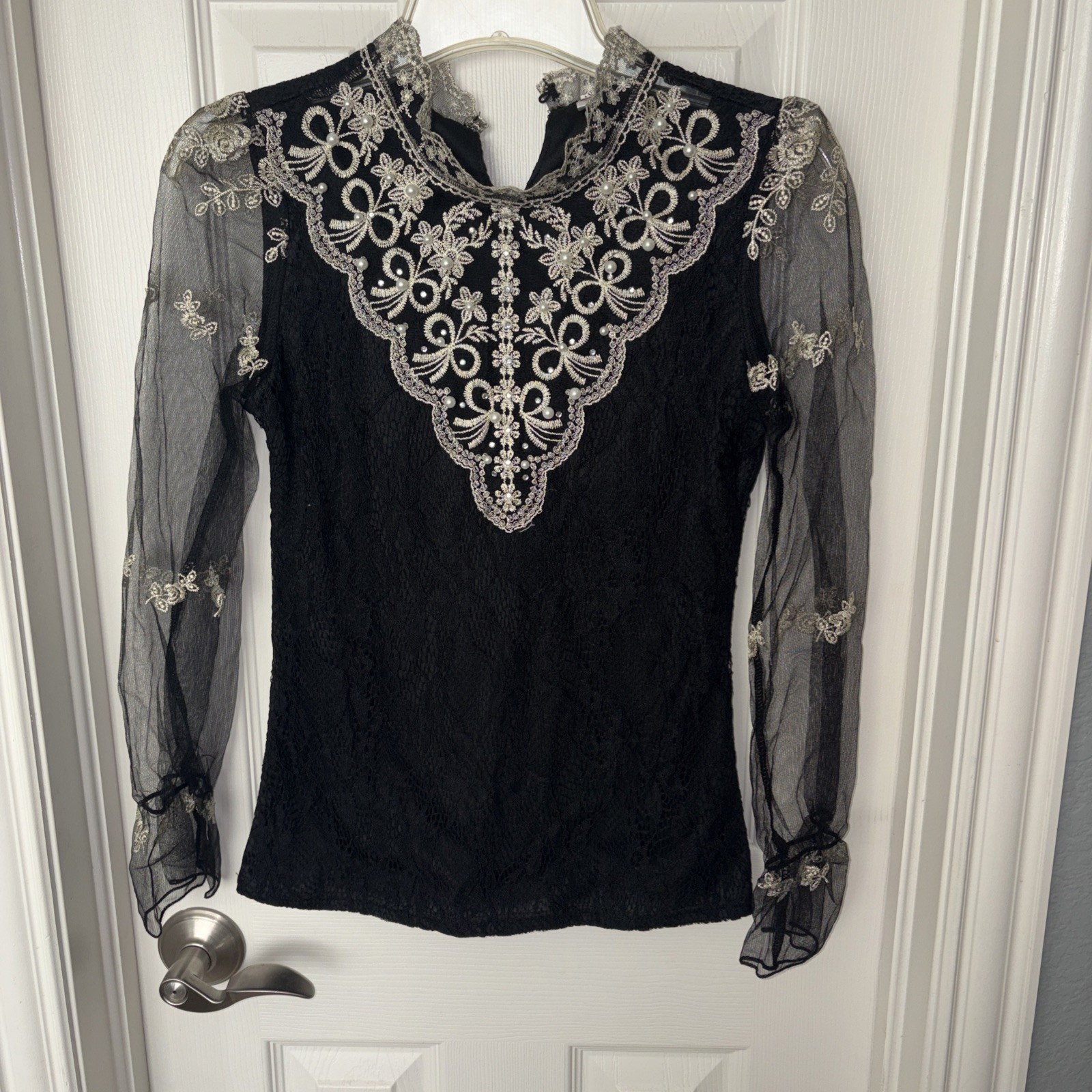 Vintage Victorian Black Embellished Lace Blouse Appliqué Beads Sequins Petite
