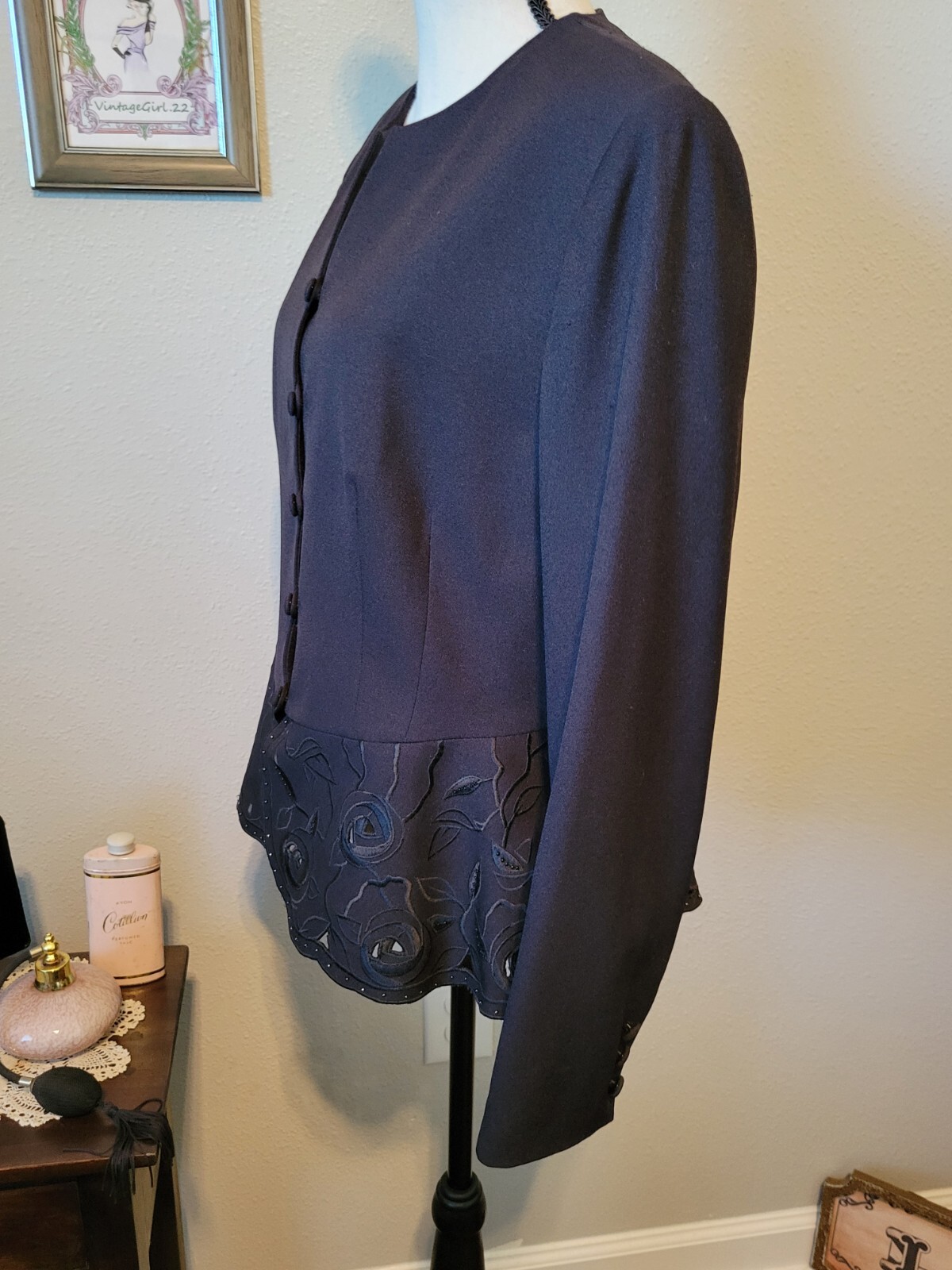 Vintage Black Blazer Peplum Scallop Cutout, Button Up By NYP Suits, Size 10