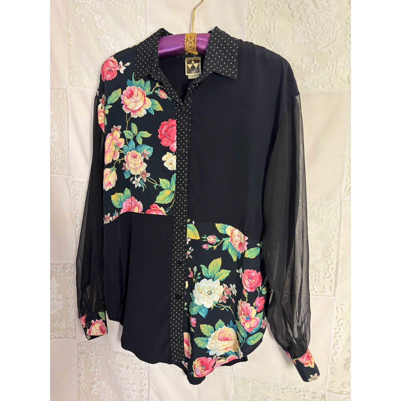 VTG 80’s/90’s Black Patchwork Floral Polka Dot Romantic Goth Sheer Sleeve Blouse