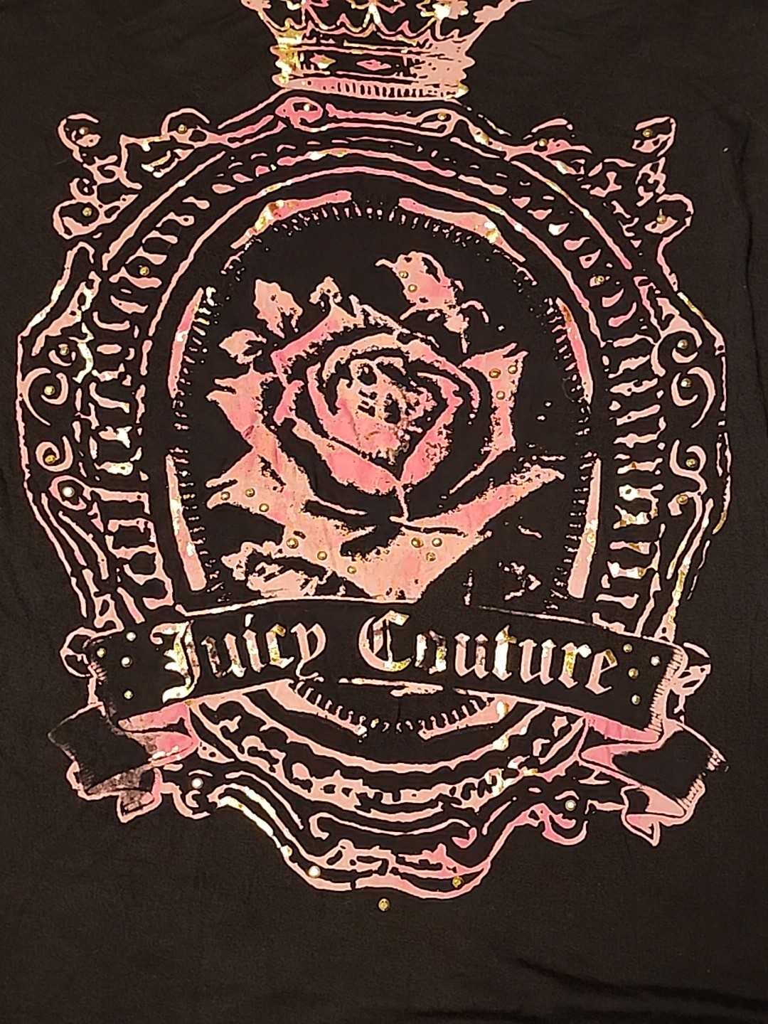Y2K Vintage Juicy Couture Black Top Shirt XL Pink Crest Logo Bling