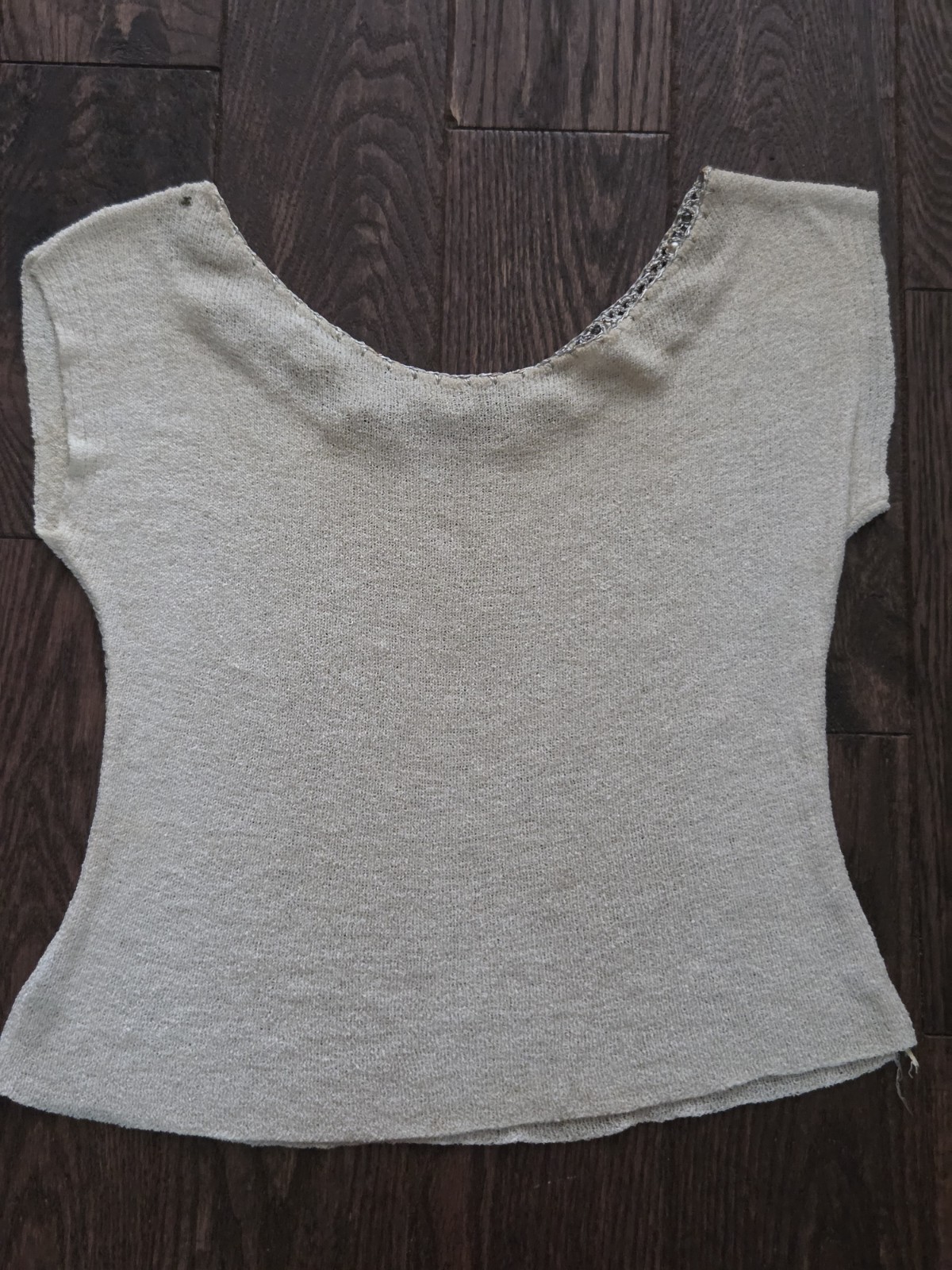 Boepple Creations Silk Knit Top Real Pearl Beaded Neckline Ivory Short Sleeve
