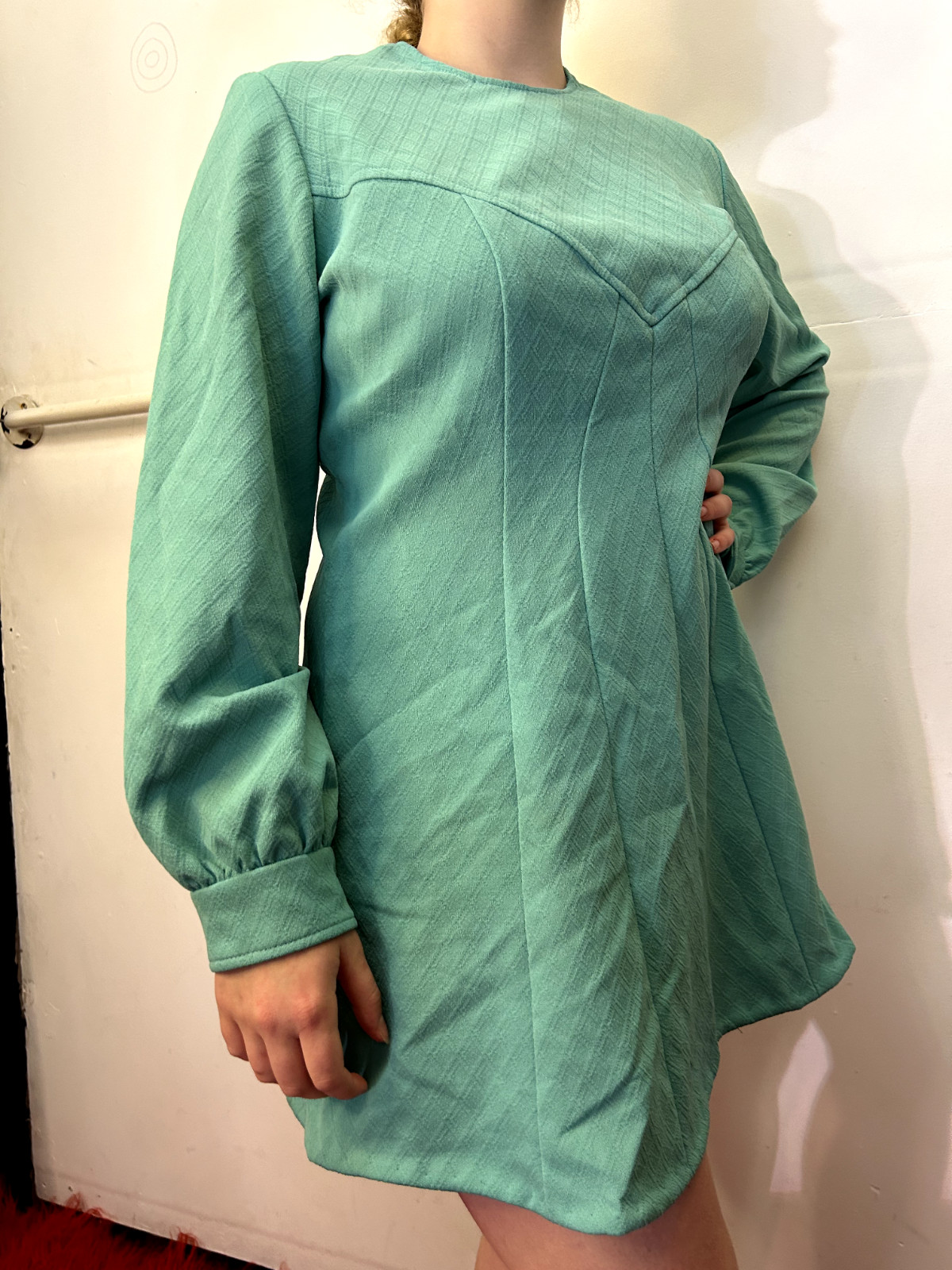 Vintage MODERN STYLE 1980s 60s Teal A-Line Mini Dress Crimplene Mod Go-go AU 14