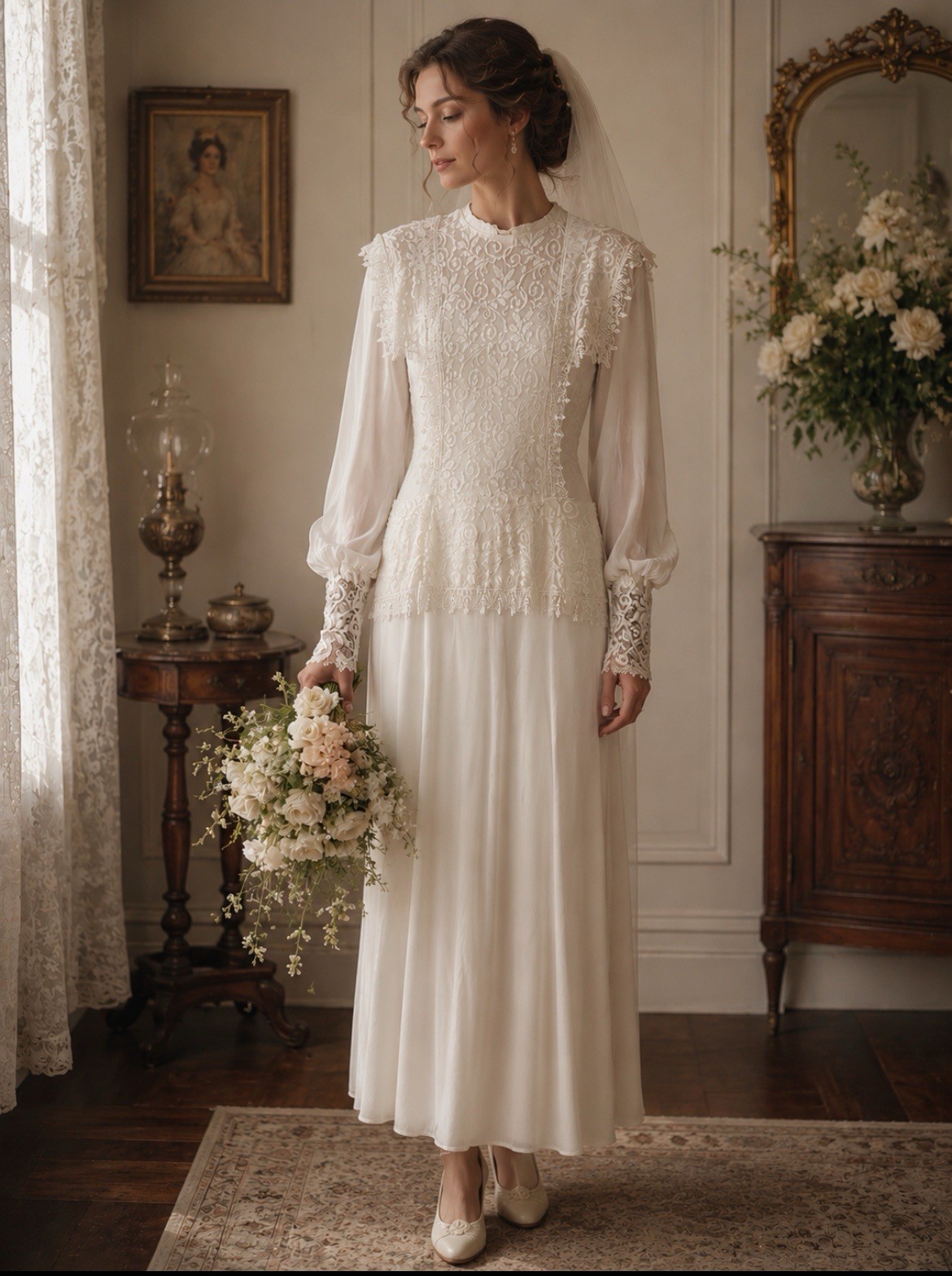 Vintage Jessica McClintock Edwardian Style Lace Wedding Dress Size: 6 (2-4)