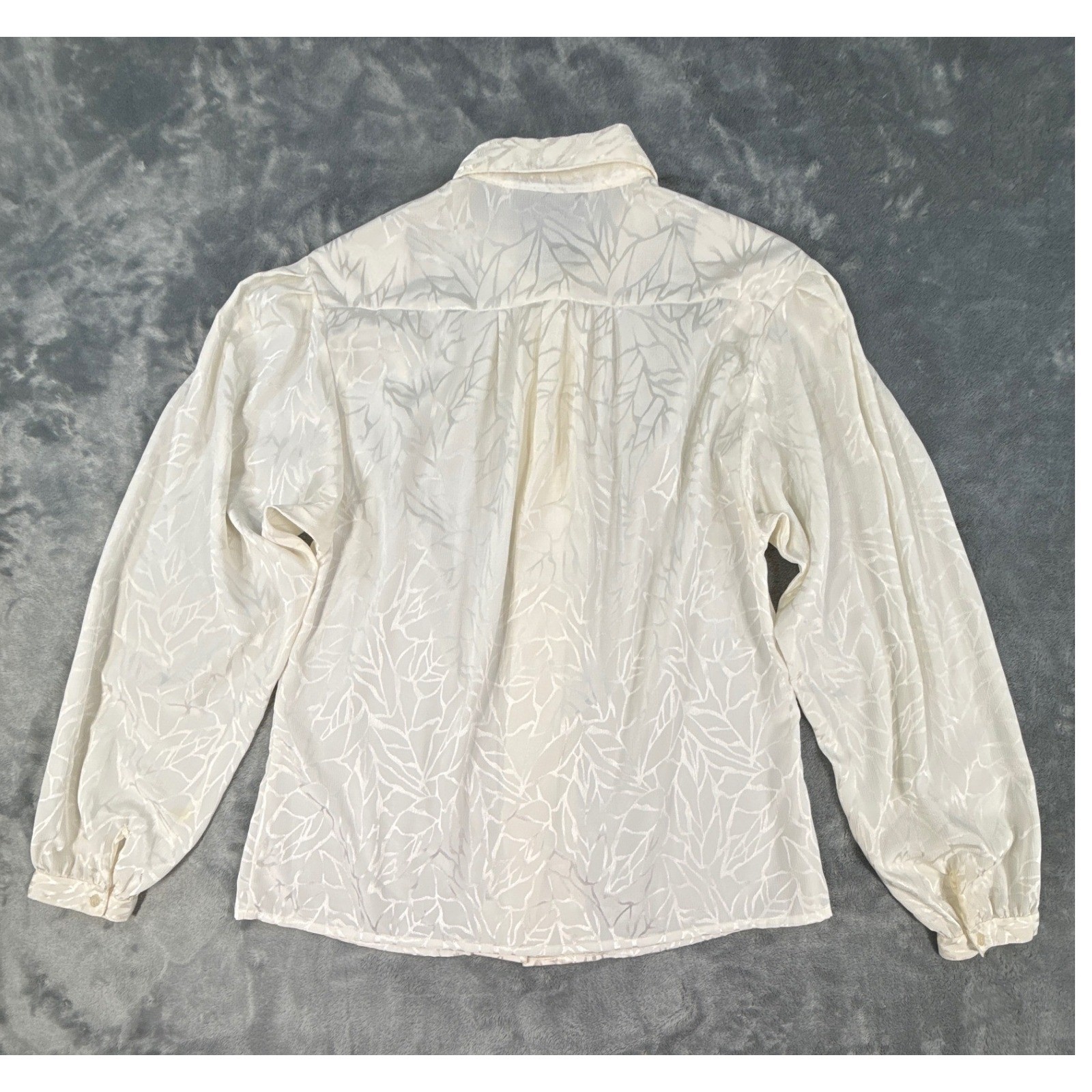Vtg 80s Ascot Collection Lady Arrow White Leaf Jacquard Blouse Sz 10 Long Sleeve