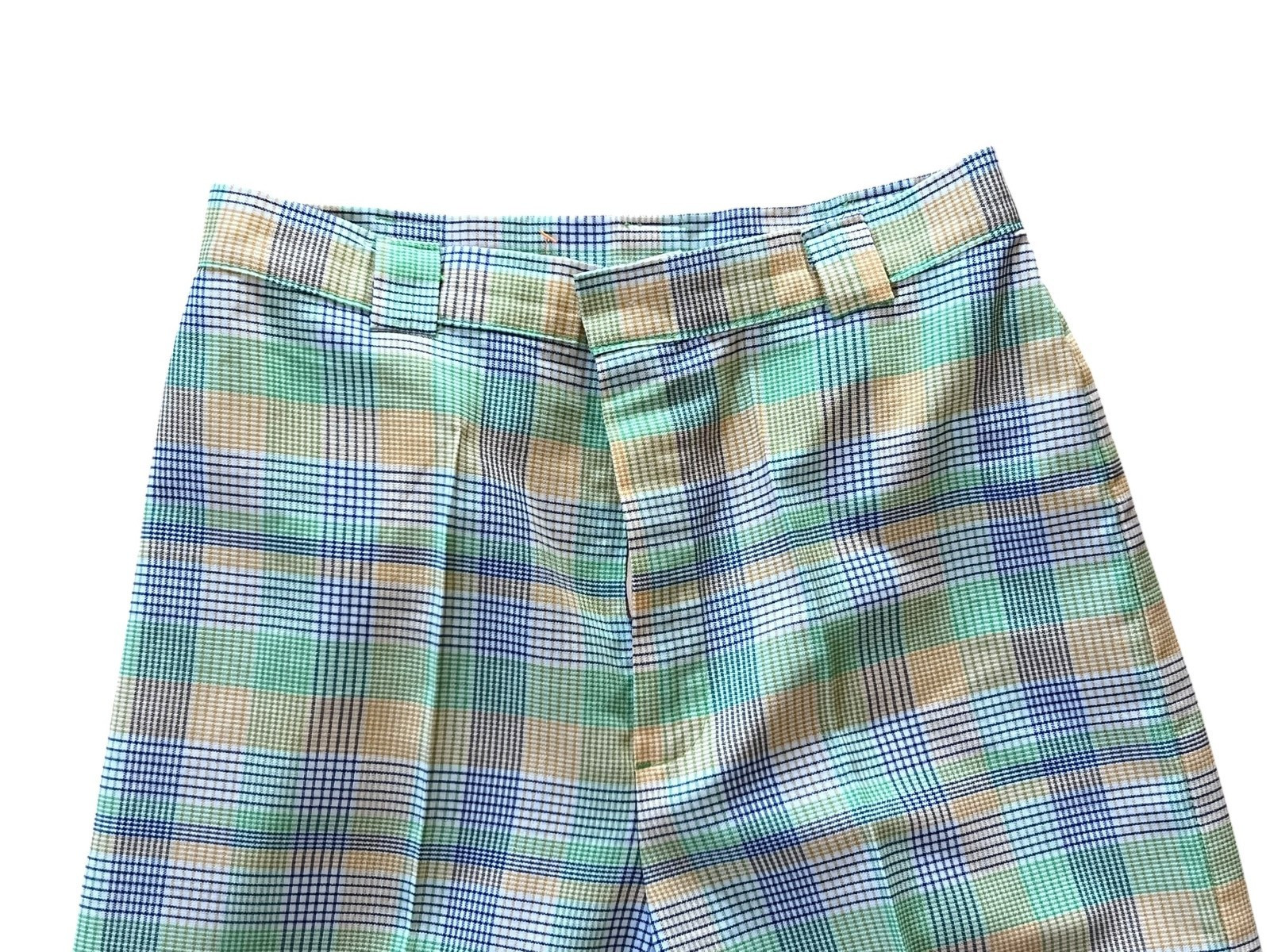 S Vtg 70s High Waist Pants Wide Bottom Leg 26.5 x 30 Green Plaid Cotton Slacks