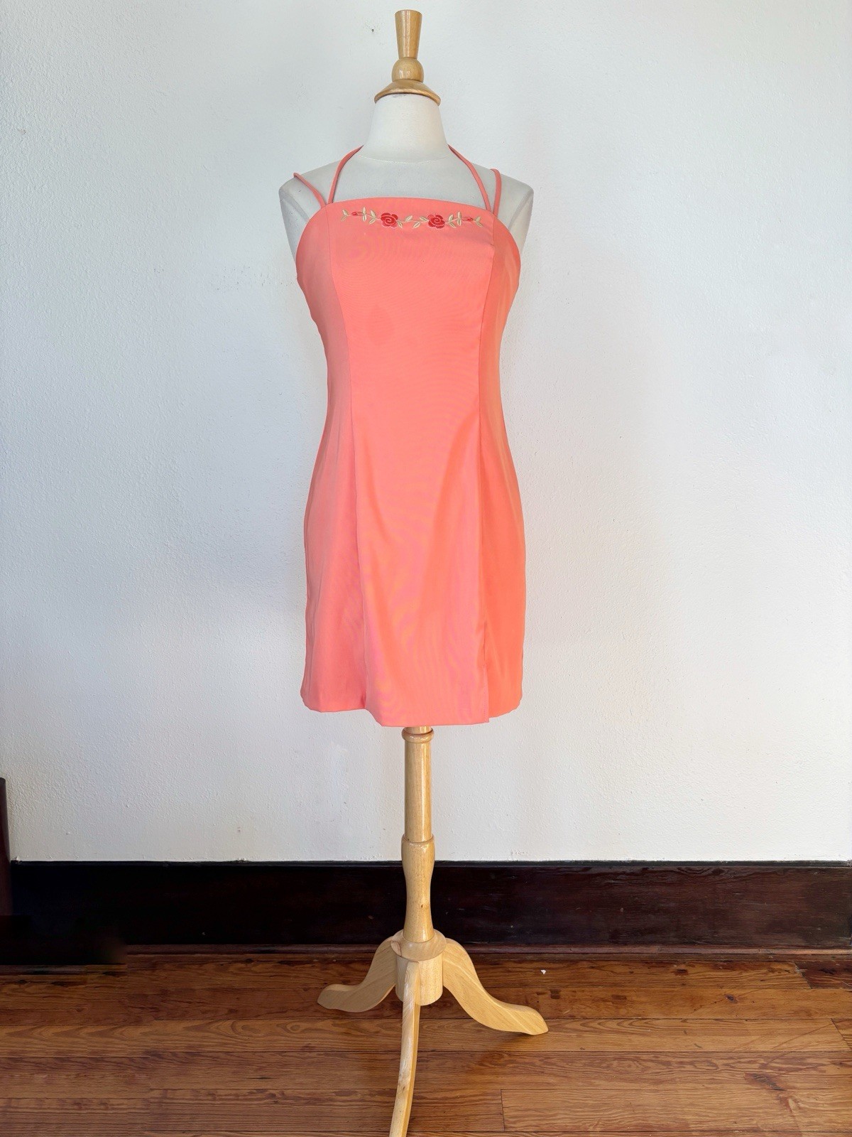 Vintage 90s City Triangles Salmon Pink Fitted Floral Mini Dress Sz 9/10
