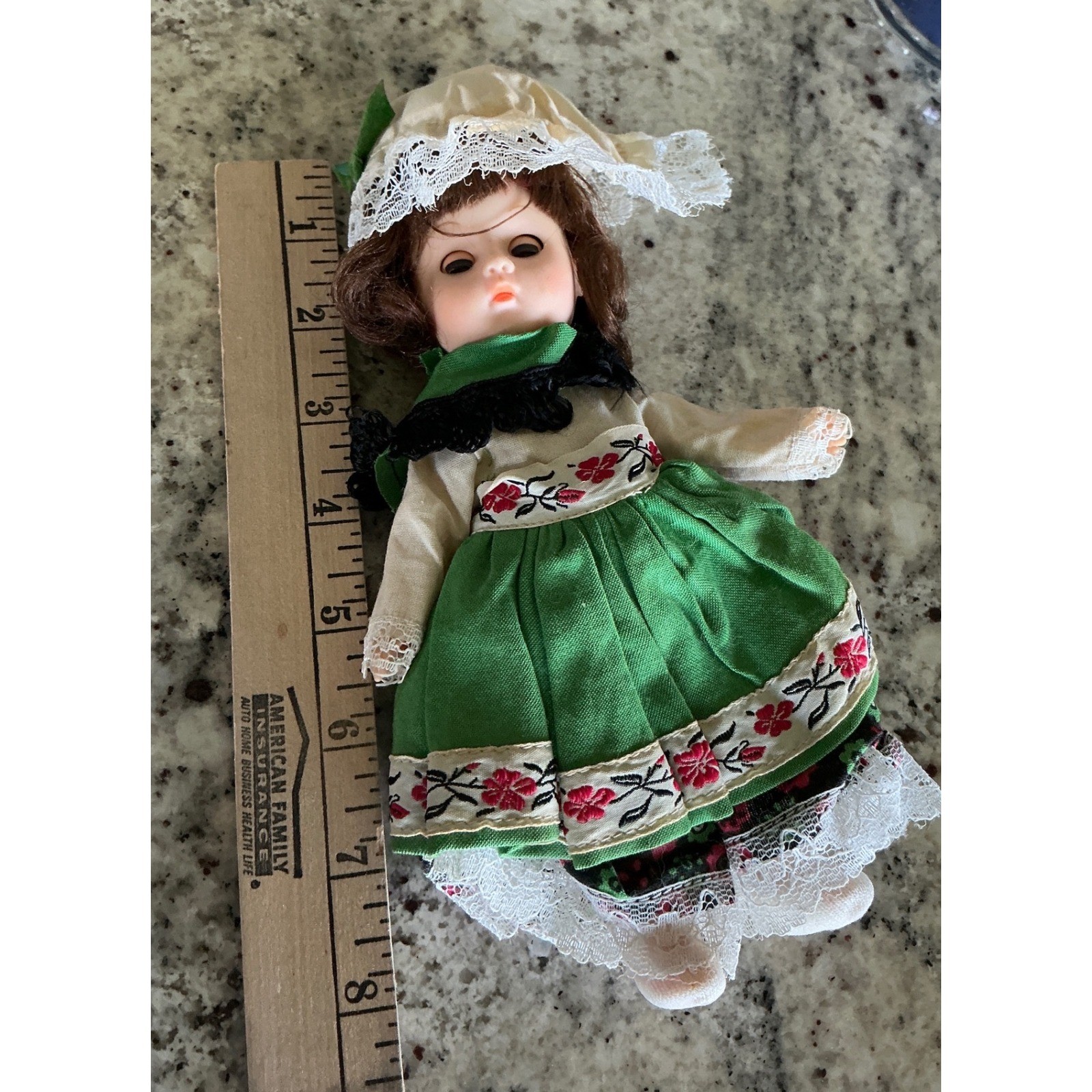 Vogue Vintage 1972 International Doll Green Floral Folk Dress 8 Inch Brunette