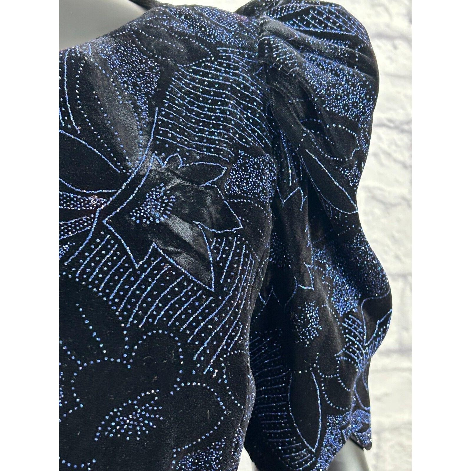 Vintage 80s Scott McClintock Dress 10 Blue Black Velvet Bow Cocktail Puff Sleeve