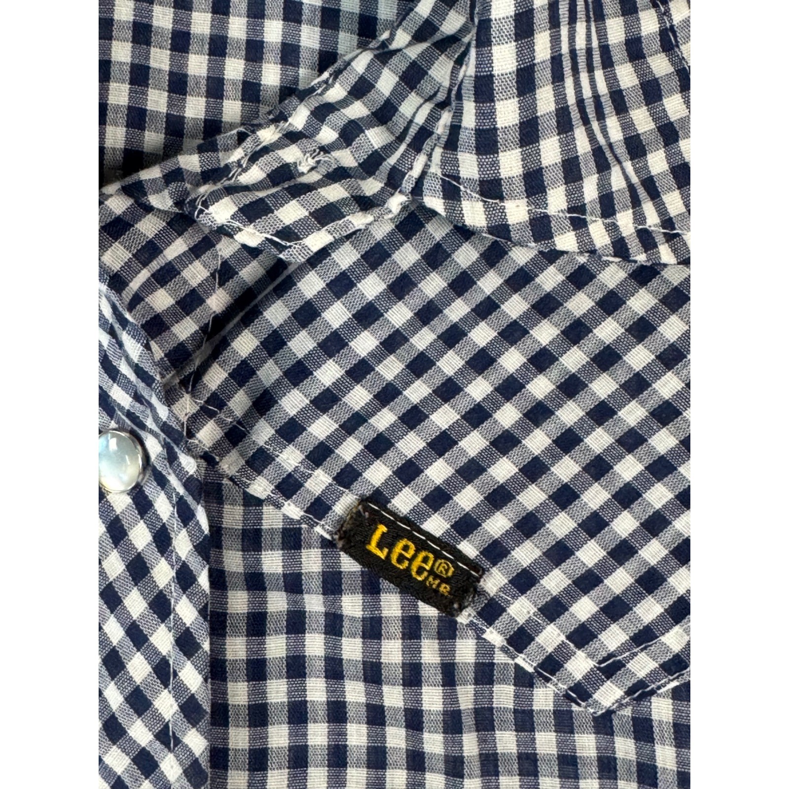 Lee Western Shirt Womens 9/10 Blue Gingham Pearl Snap Vintage Lady Lee USA Fair