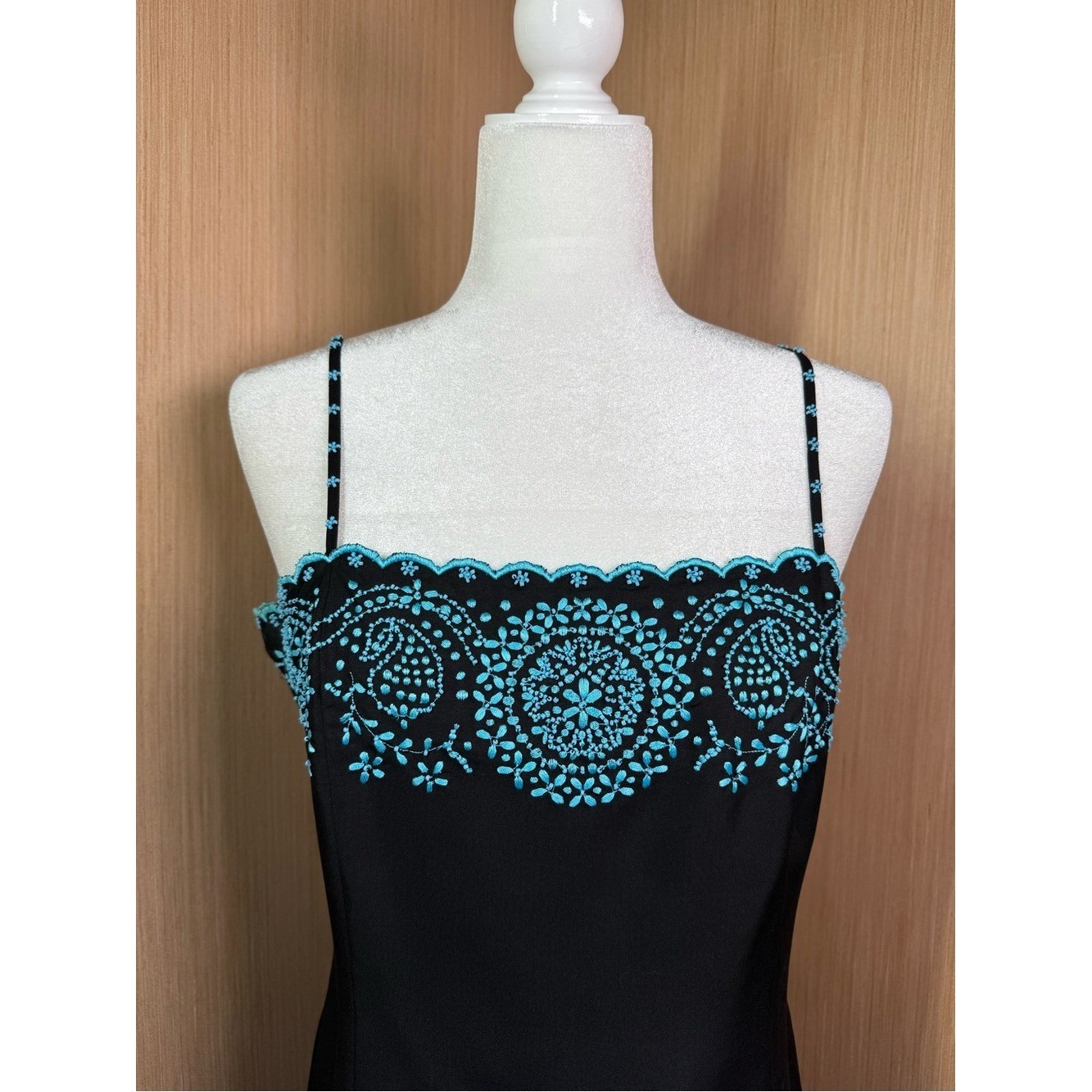 Ann Taylor 100% Dupioni Silk Black Slip Dress Beaded Bodice Straps Sz 10 Vintage
