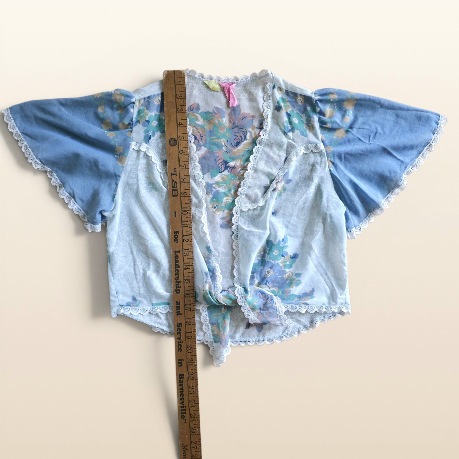 Vintage 70s Lace Tie Front Floral Lingerie Top Cal Togs Blue & White Sheer
