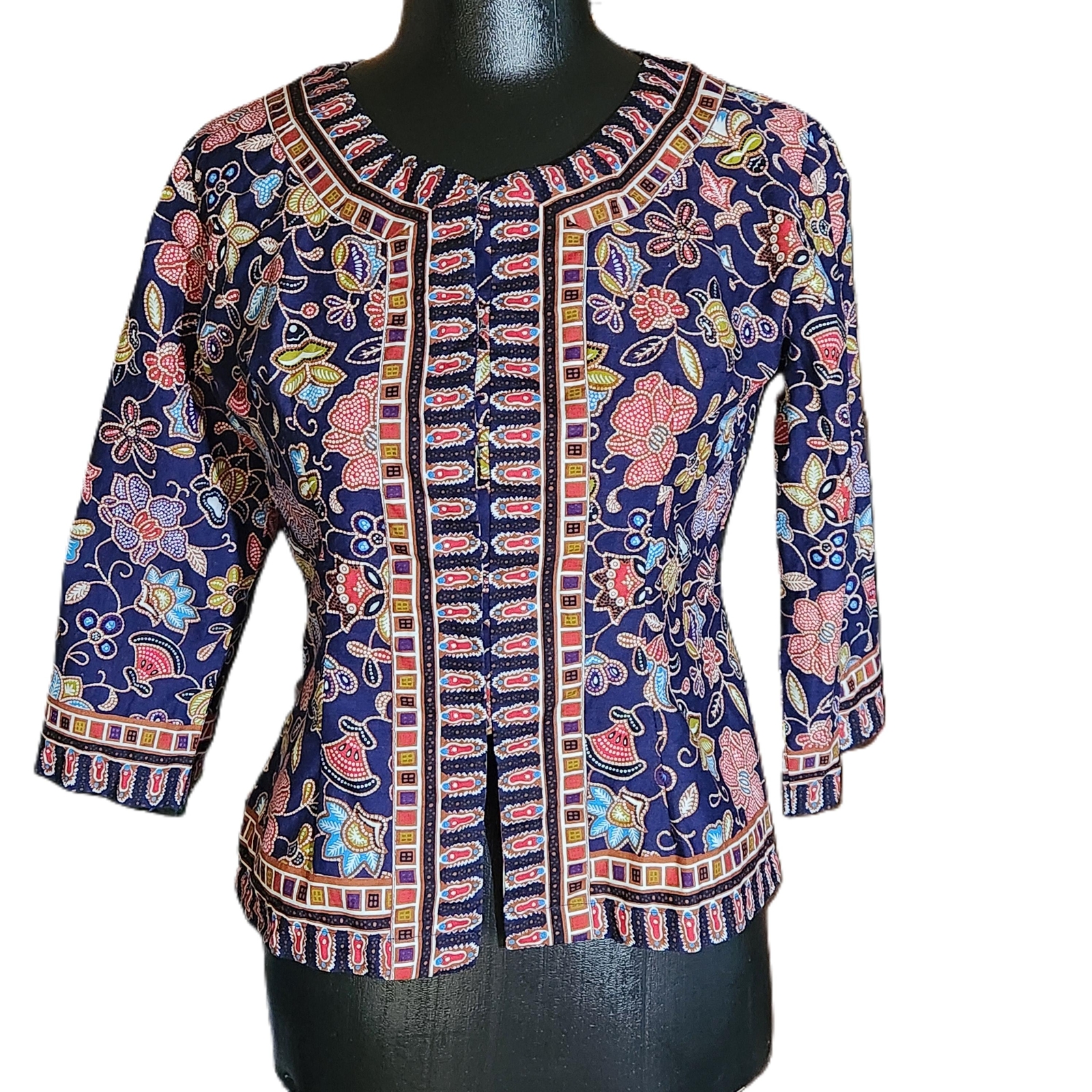 Womens Singapore Asian Flight Attendant Floral Snap Front Blouse Size 36 Small