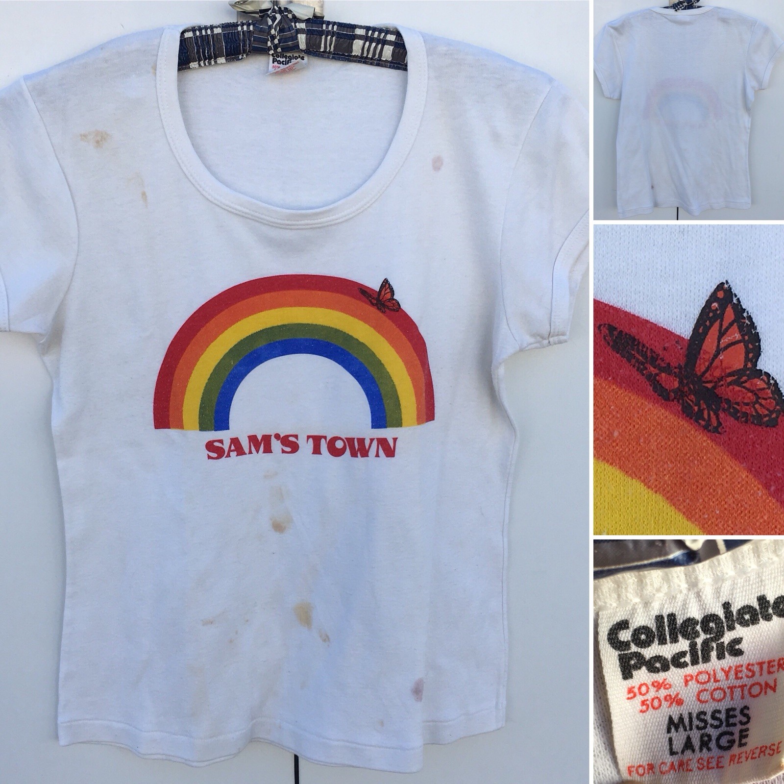 Vintage SAMS TOWN Rainbow Graphics W/ Butterfly T Shirt 70s 80s Misses Large