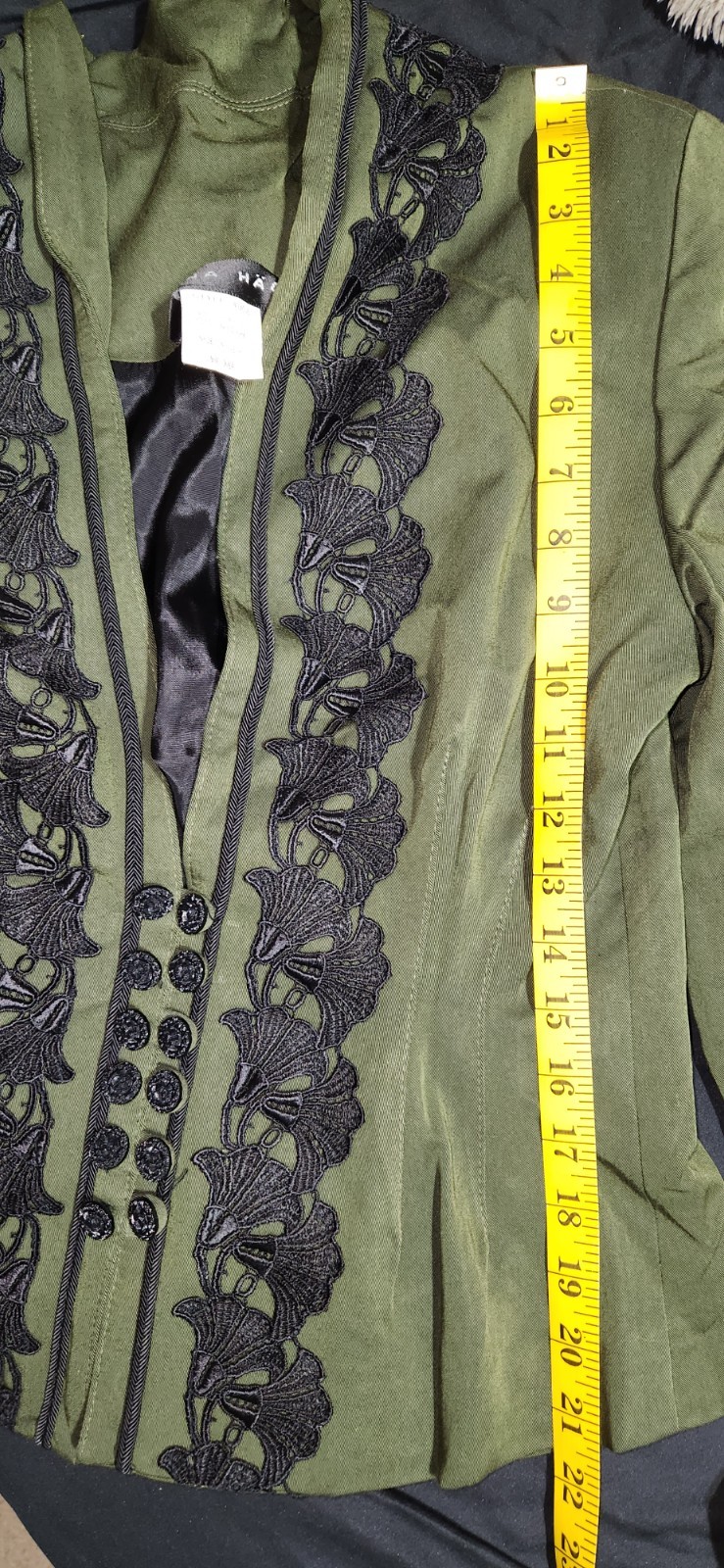 Edwardian Olive Green Jacket Black Embroidered Trim Flower Petals Size Small 90s