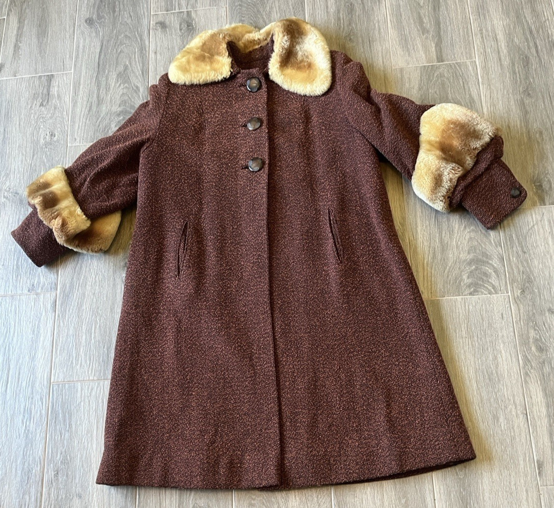 Womens Vintage 1960s Swing / MCM Shearling / Brown Wool Tweed Coat Sz M/L
