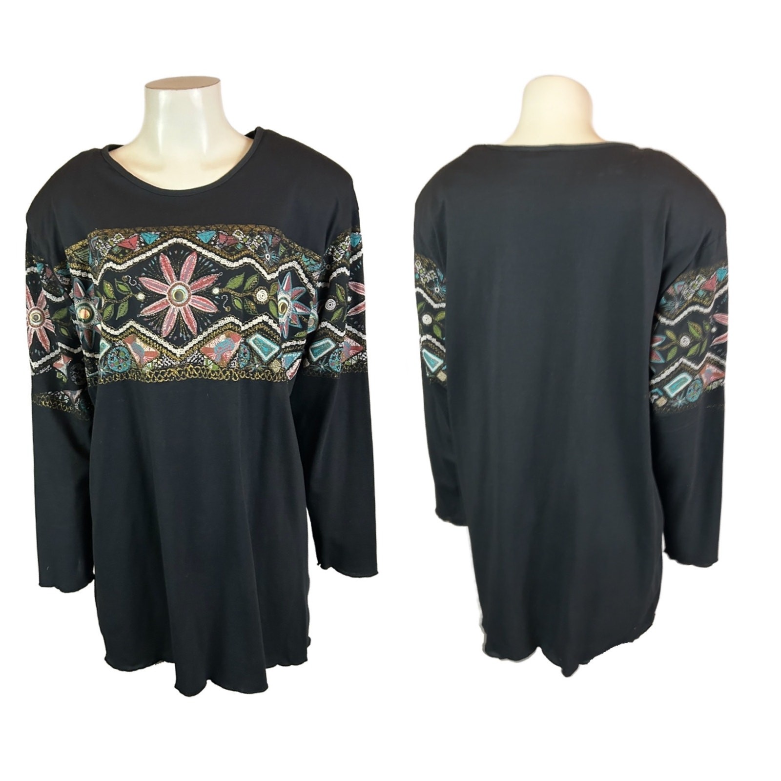 Vintage 90s Southwestern Floral Stripe Top Sleeve Cottagecore / Women’s Plus ^