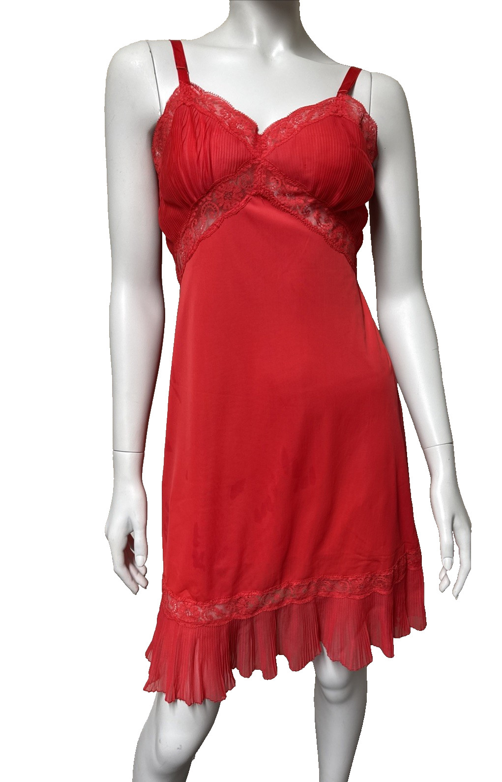 Vtg Red Slip Dress Lace Sz 34 Short Small Sexy 1950s Pleated Ruffle Hem & Bust