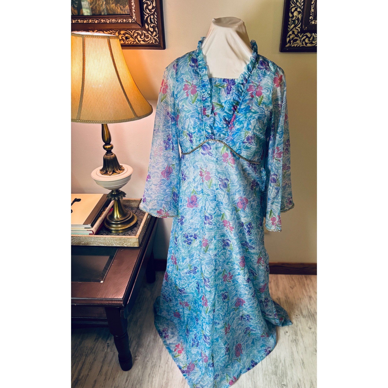 Vintage 60s Mad Men flower Dress Set, Sheer Layered Gown Bell Sleeve S/M