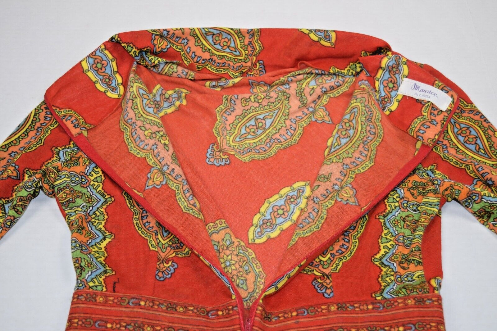 Vintage Maxi Dress Maurice Siz S/M 60s Rusty Orange Kaleidoscopic Print Back Zip