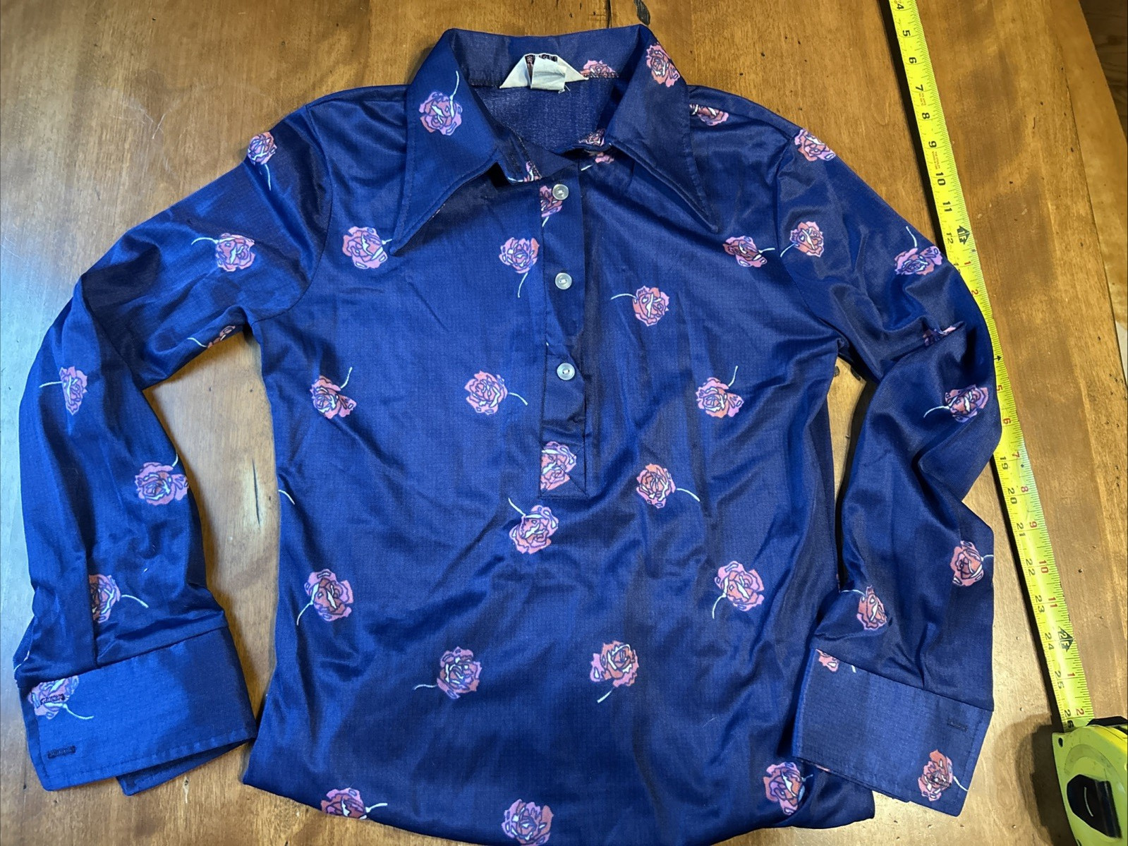 Vtg 70s Langtry Ltd blouse Bodysuit Navy Rose 1/3 Button Rocker tattoo art boho
