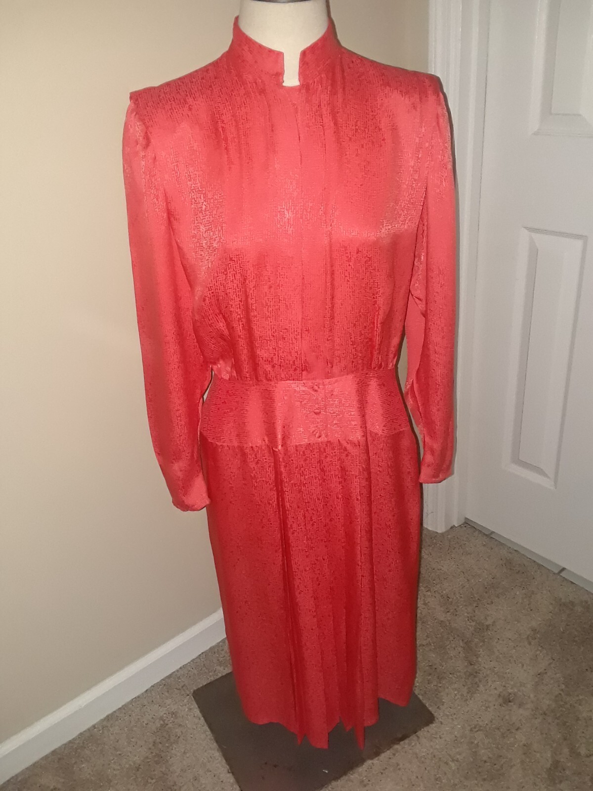 Vtg Francesca of Damon for Starington Deep Coral Jacquard 100% Silk Dress Sz 14