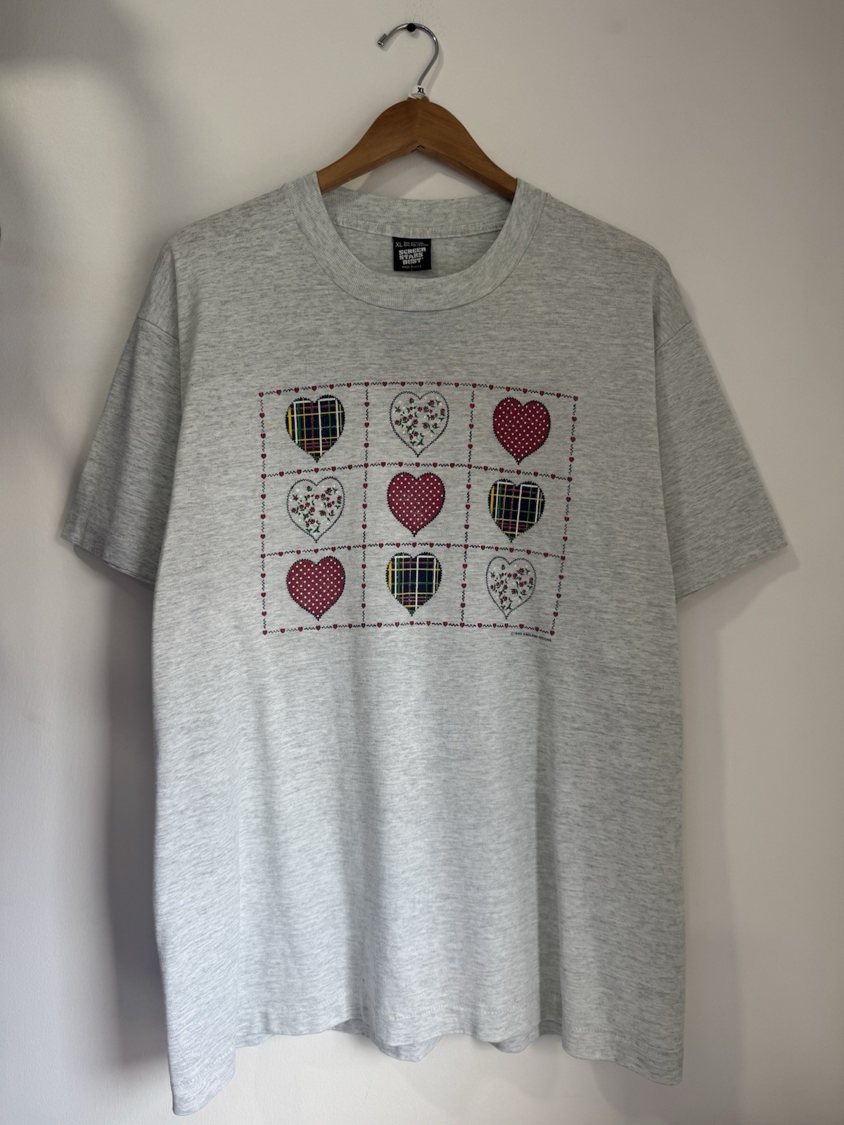 Vintage 1990 Endless Designs Screen Stars Patchwork Heart T-Shirt Gray XL