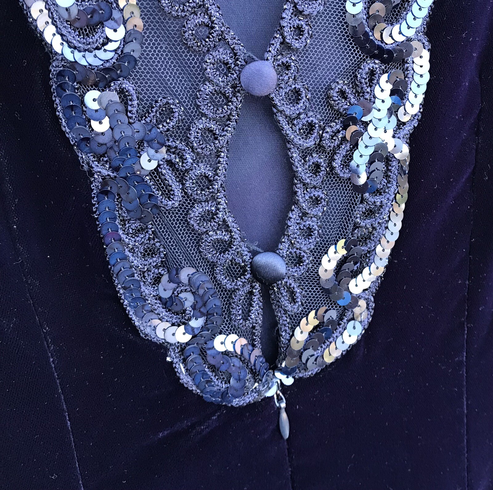 MAGGY LONDON 8 10 Purple VELVET DRESS Mesh Lace Back Vtg 80 90s Vamp Goth Prom