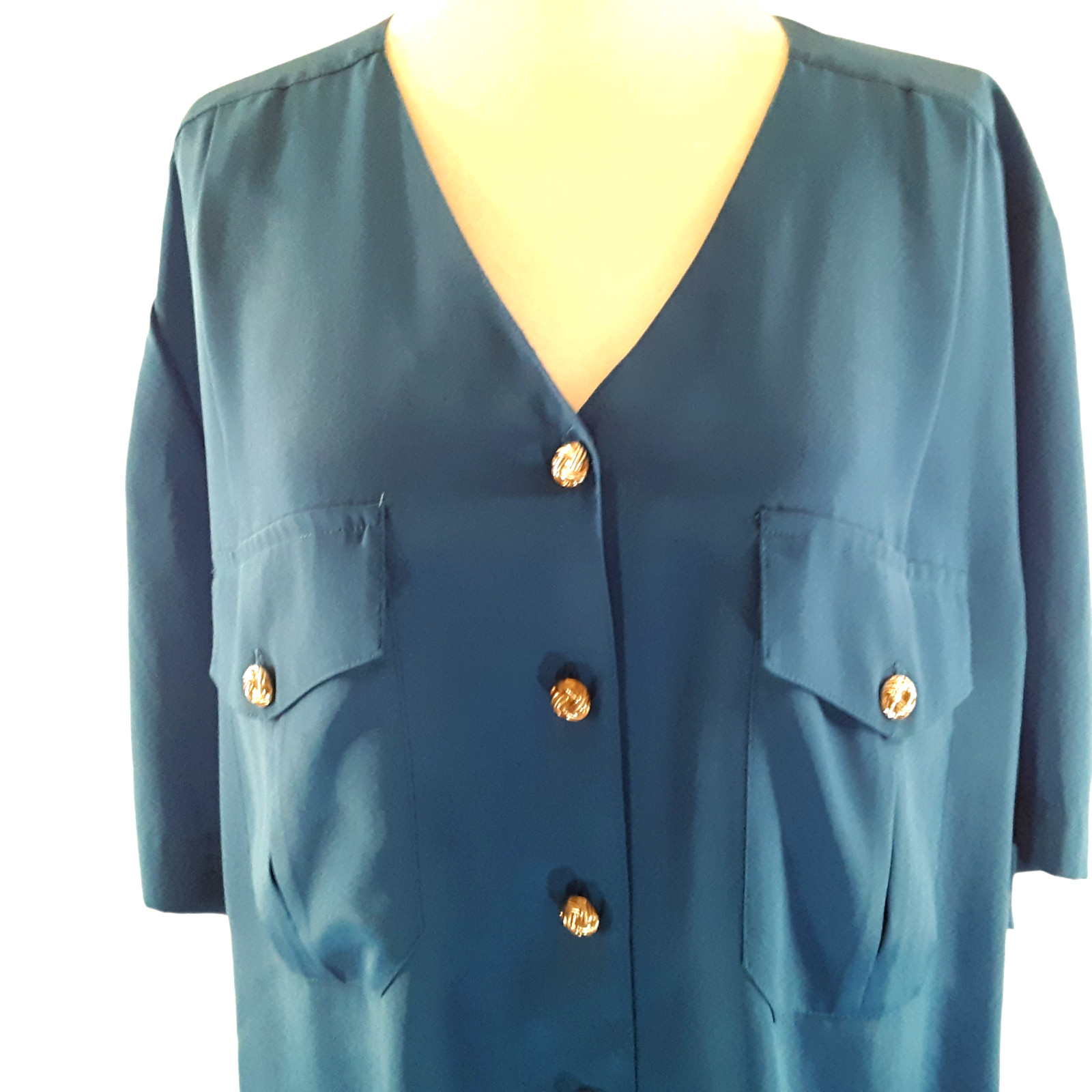 Ship 'N Shore Career Dress Blouse Top Size 14 Blue Classic Metal Buttons Pockets