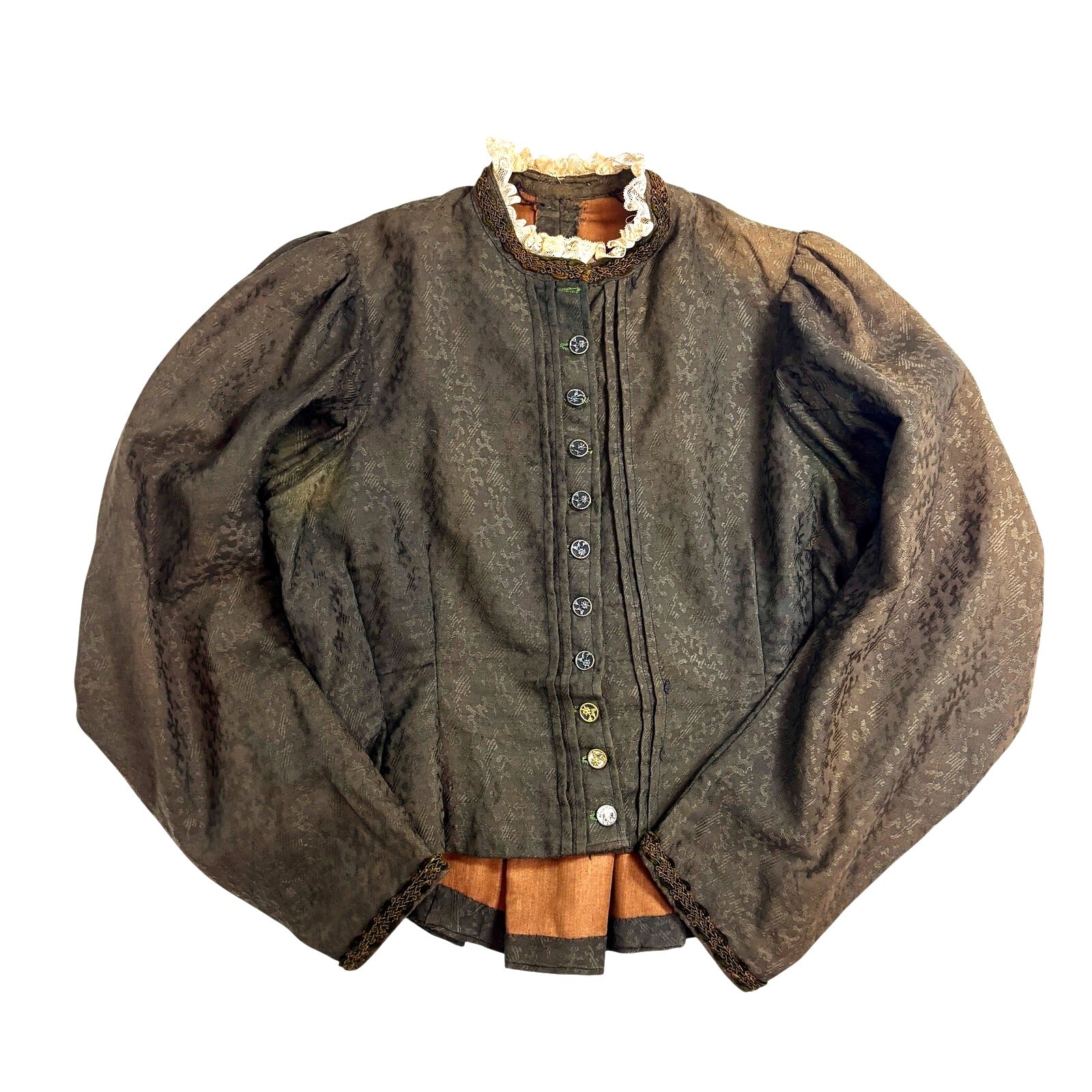 Antique Edwardian Moss Green Jacquard Wool Jacket Blouse Lace Floral Buttons