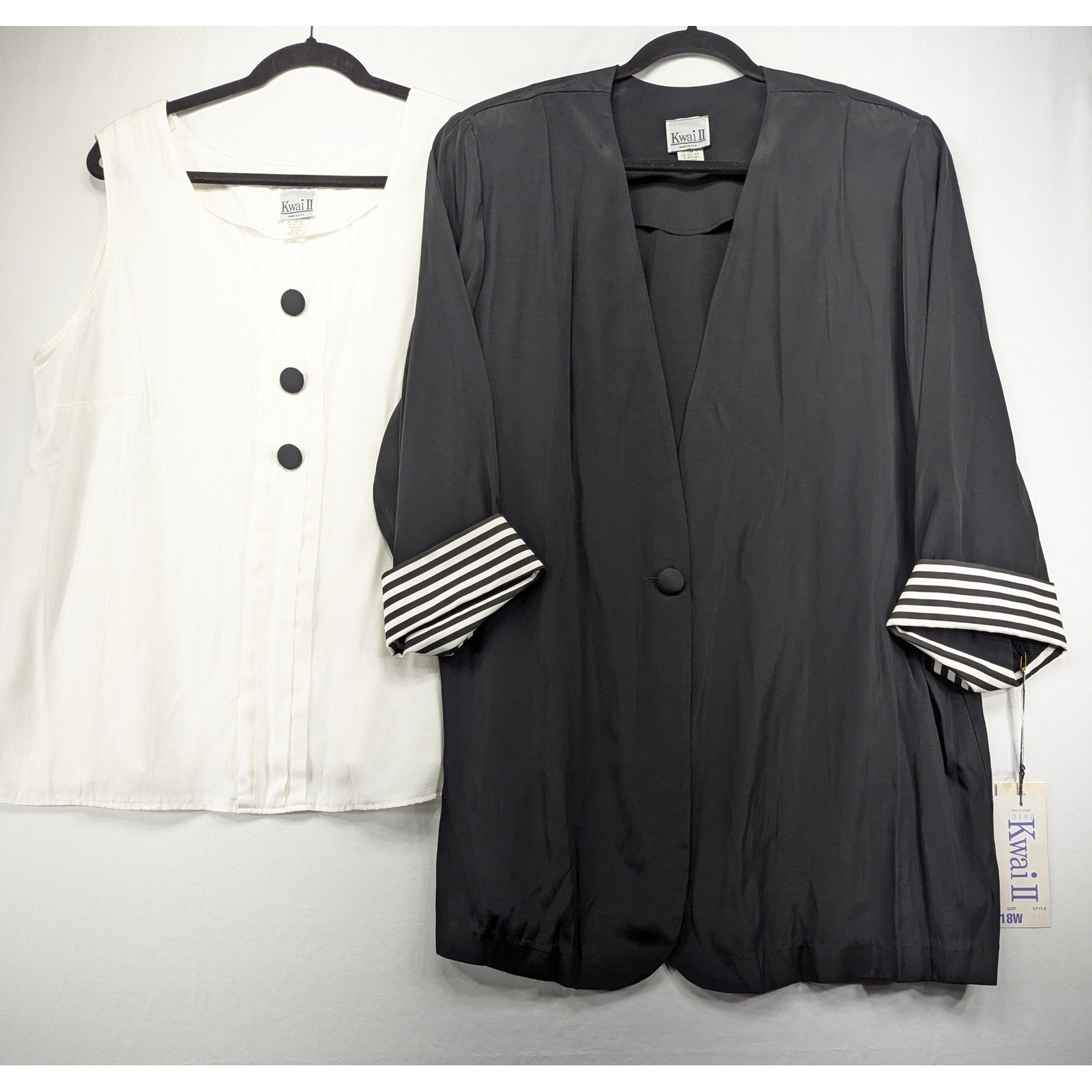 Kwai II Vintage Black Blazer White Blouse Set Plus Size 18W Striped Cuffs USA