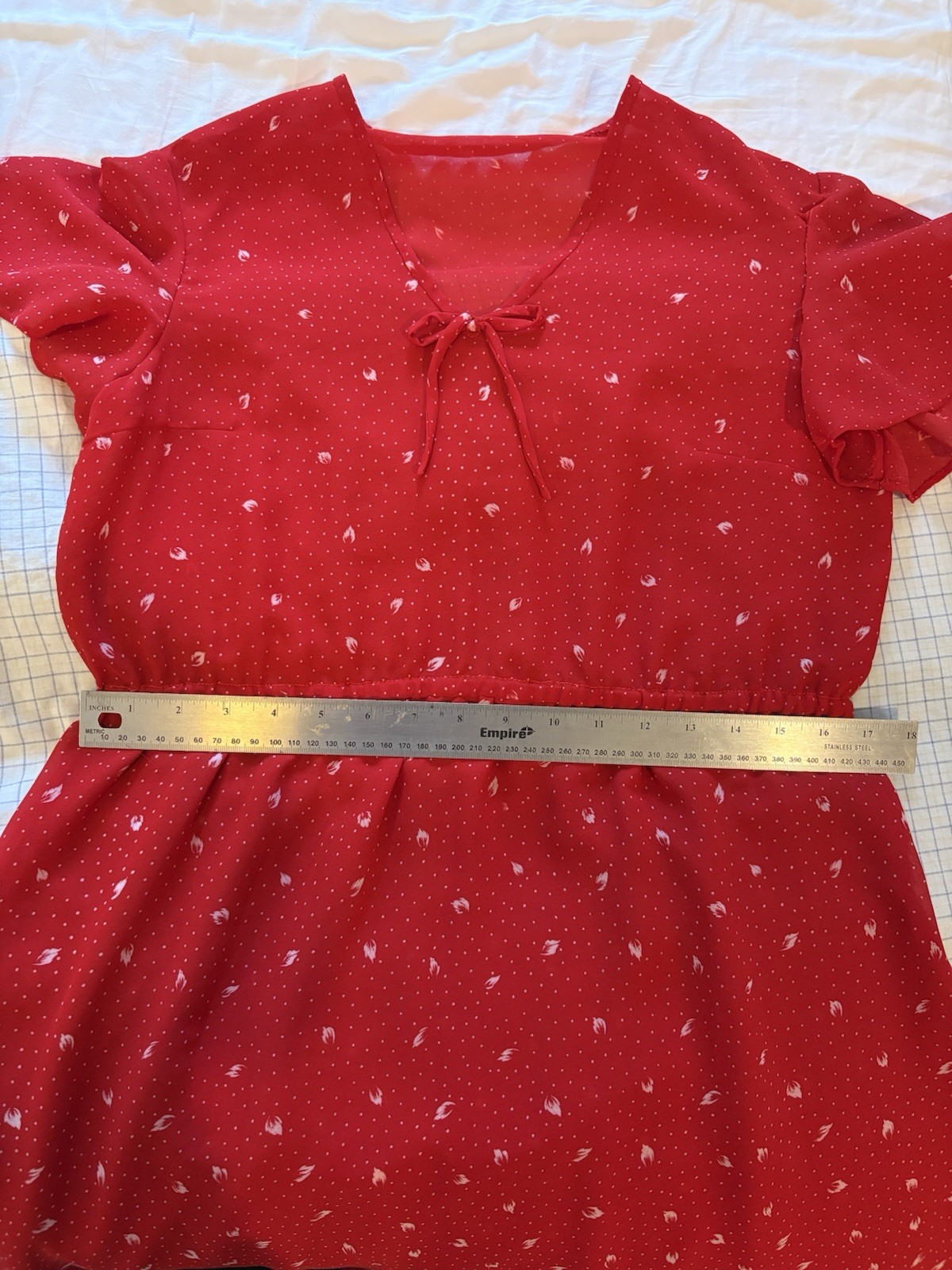 Vintage Unlabeled 70s Floral Small Poka Dot Dress Short Sleeve Red Dress Sz M