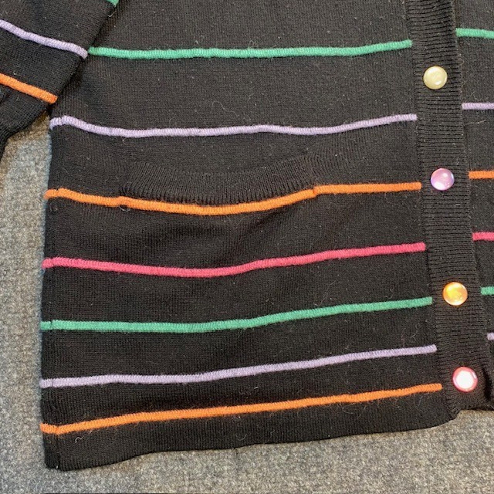 Vintage 80s Sweater Bee Banff Rainbow Stripe Black Cardigan Sweater Women Medium