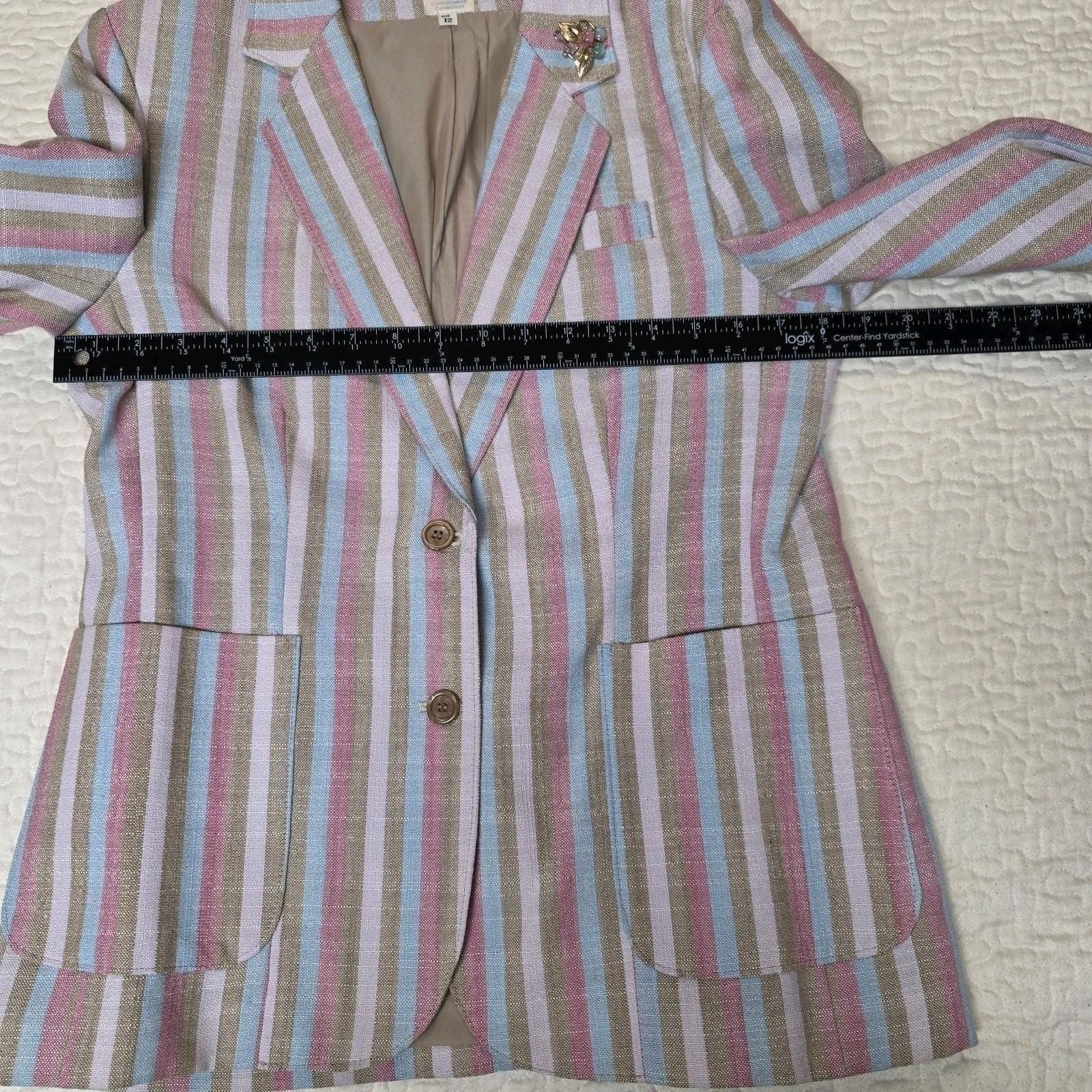 Blazer Jacket Size 12 Queens Way Fashion Pastel Striped Japan Moonstone Brooch