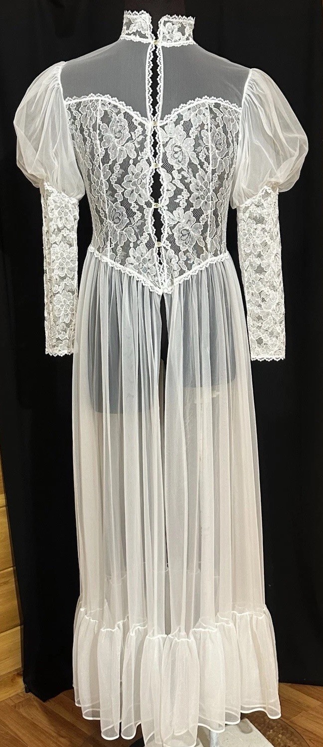 VTG Henson Kickernick White Sheer Lace Peignoir Robe Bridal Bustle Train USA M